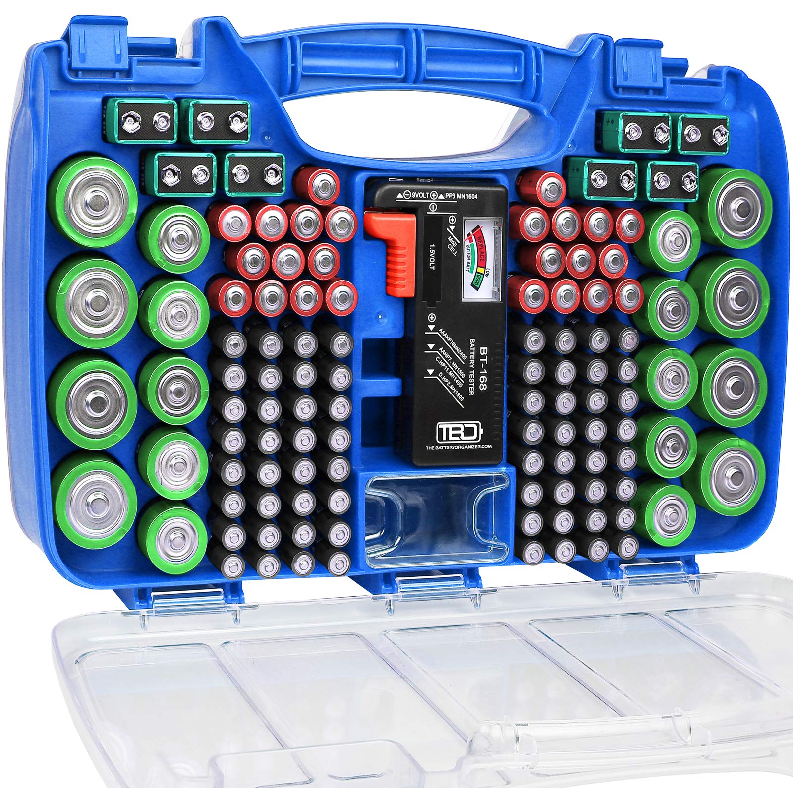Premium Battery Organizer Storage Case with Hinged Clear Cover & Removable Battery Tester - Holds 180 AA AAA C D 9V Batteries - Durable Plastic Case for Home, Office, Emergency Kits & RV Travel Accessories (Blue)