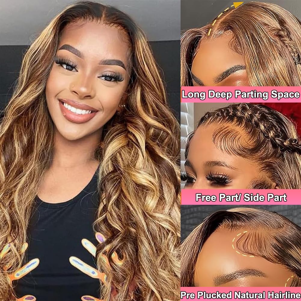 26 Inch Ombre Lace Front Wig Human Hair - 180% Density 360 Lace - Honey Blonde HD Lace Front Wig with Body Wave & Balayage - Pre Plucked for Women - Perfect for Daily Wear, Parties & Special Occasions