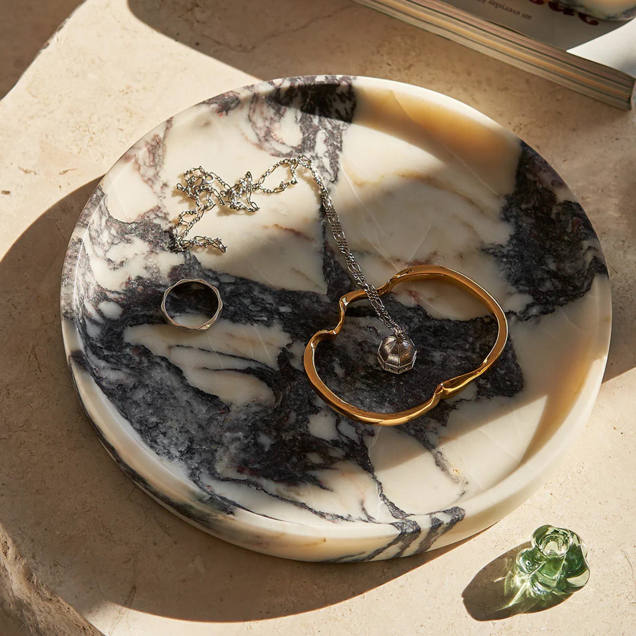 BLACK BLAZE Linea Round Marble Tray - 8 Inch Diameter Calacatta Viola Marble Serving Tray for Dining Table, Coffee Table, Bathroom & Home Decor