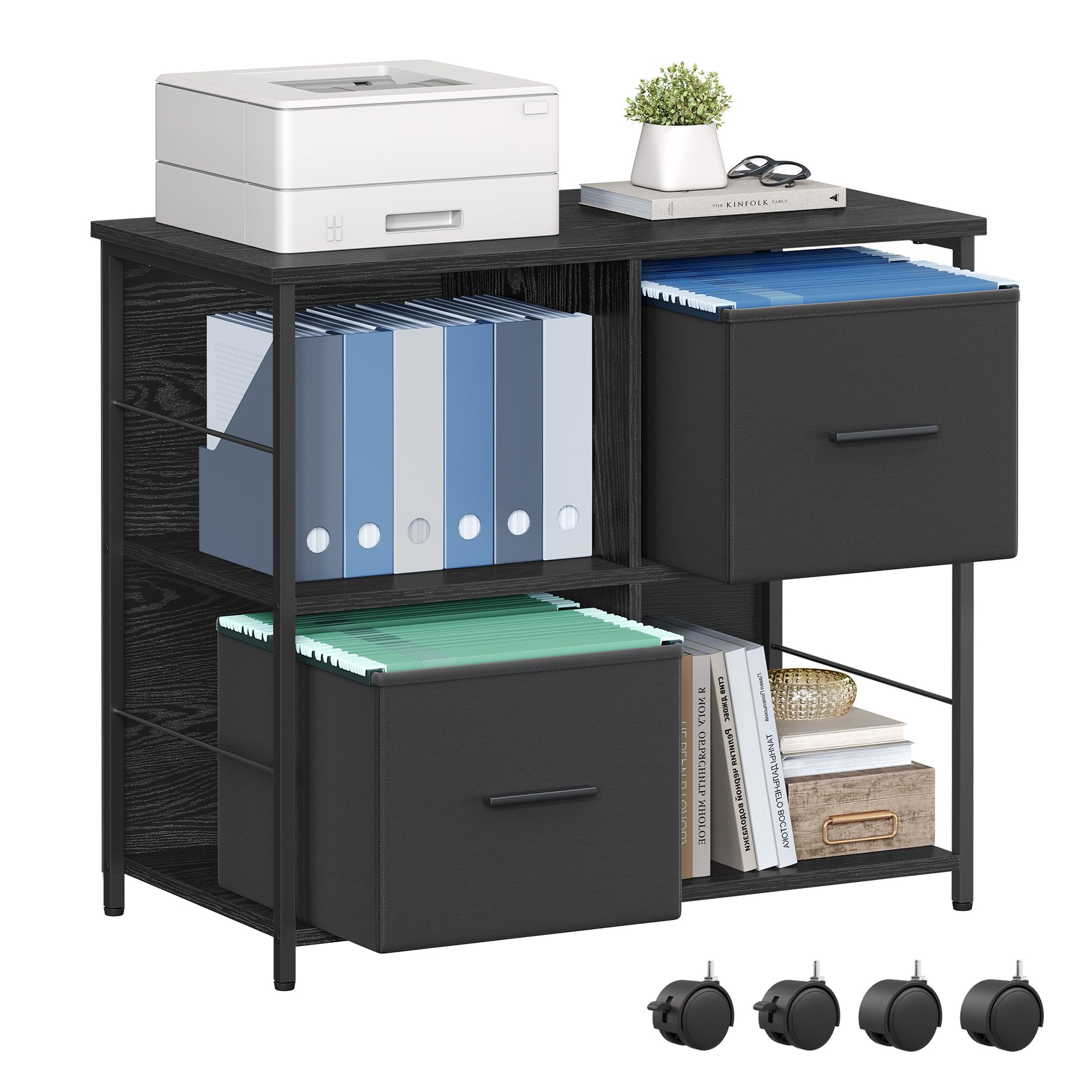 VASAGLE 2-Drawer File Cabinet with Bookcase & Cube Storage Shelf - Printer Stand for A4 & Letter-Size Files - Hanging File Folders Organizer - Home Office Furniture in Ebony Black UOFC057B56 - Perfect for Small Spaces & Workspace Organization