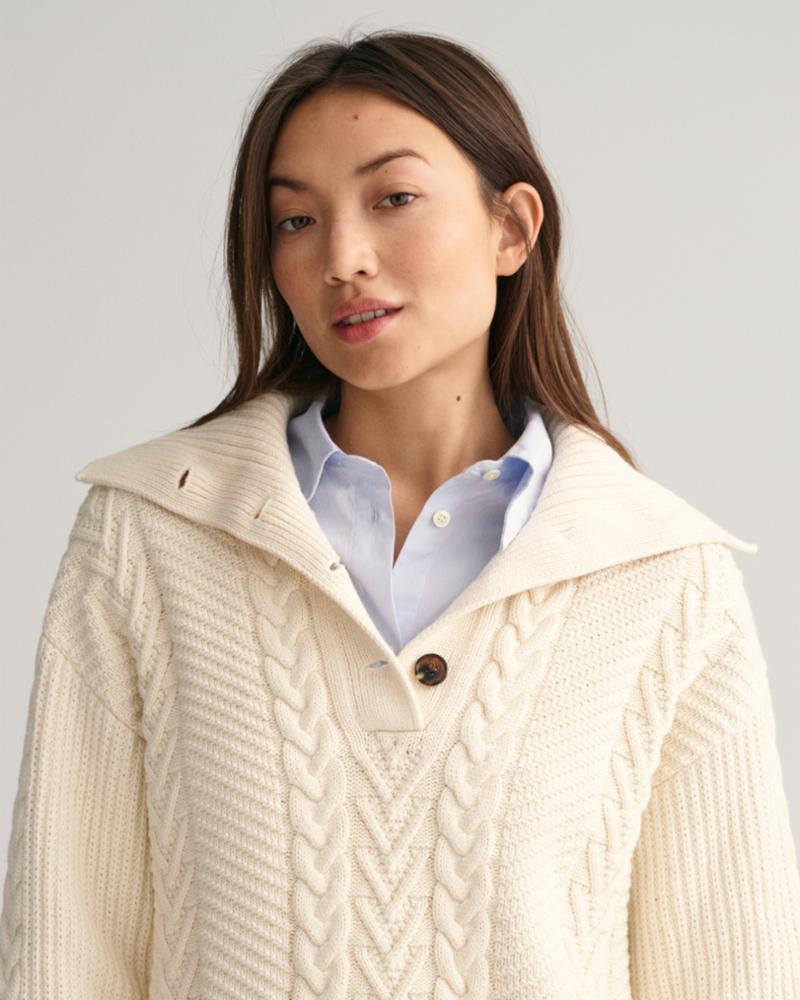 Gant Women's Cable Knit Roll Neck Sweater - Soft Buttoned Pullover in Nude - Perfect for Office Wear, Casual Outfits & Winter Layering