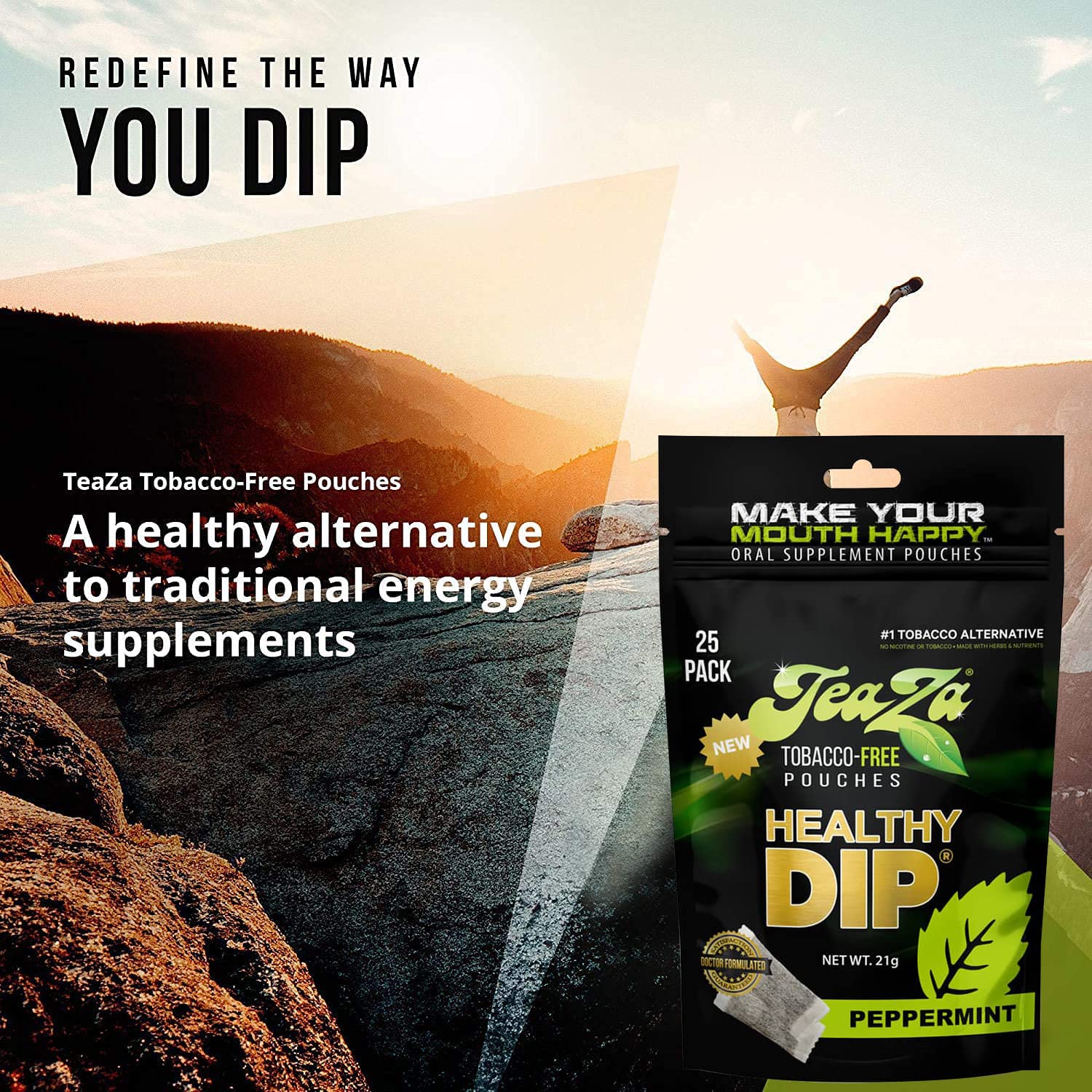 TeaZa Herbal Energy Pouch - Tobacco Free Alternative | 2 x 25 Pouch Pack | Peppermint & Black Cherry Flavors | Natural Energy Boost for Workouts, Travel & Focus