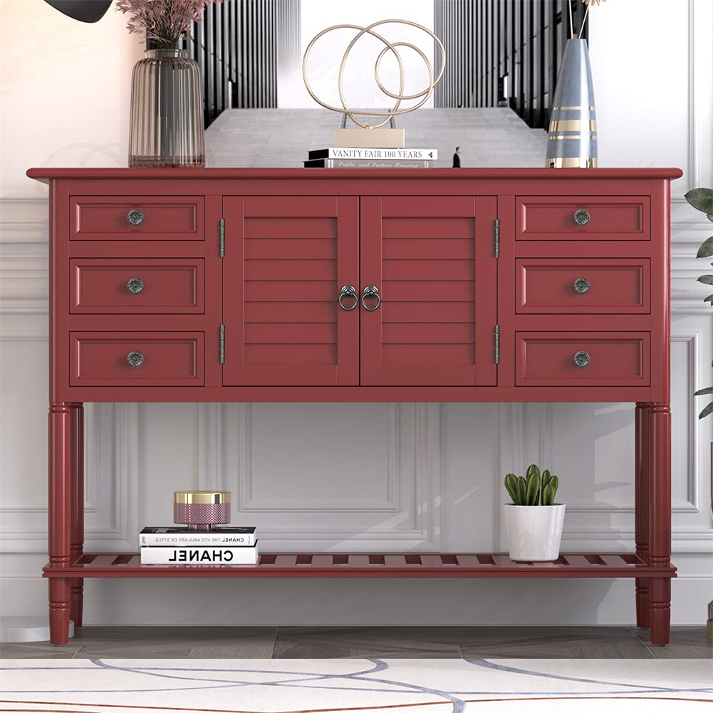 Modern Solid Wood Console Table with 6 Drawers, Cabinet & Shelf - 45