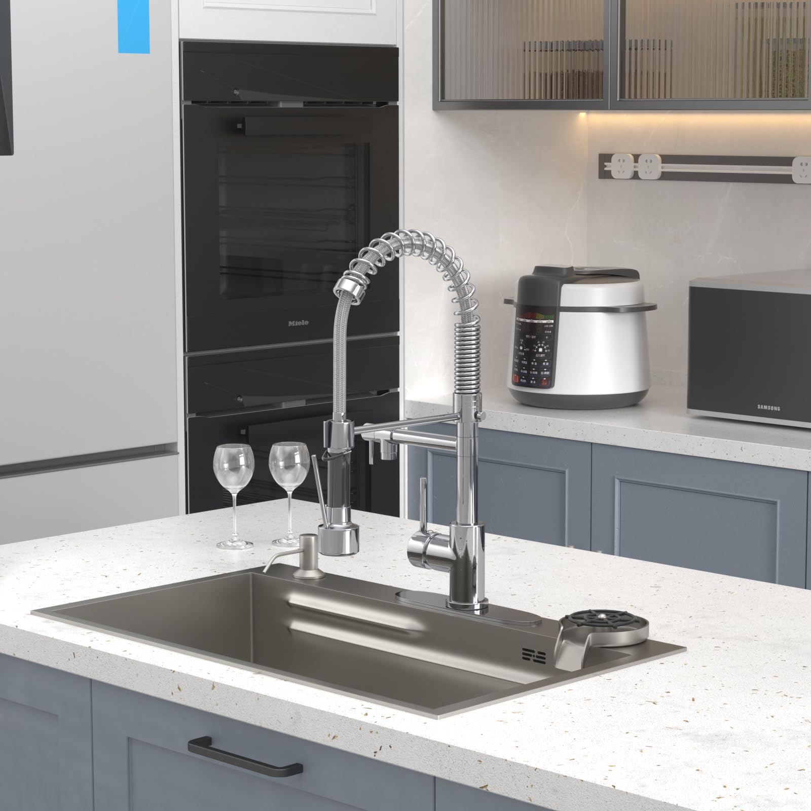 Commercial Grade Pull Down Kitchen Faucet with Sprayer - Single Handle Modern Spring Copper Design for Sink - Chrome Finish - Perfect for Restaurant, Home & Industrial Kitchen Use