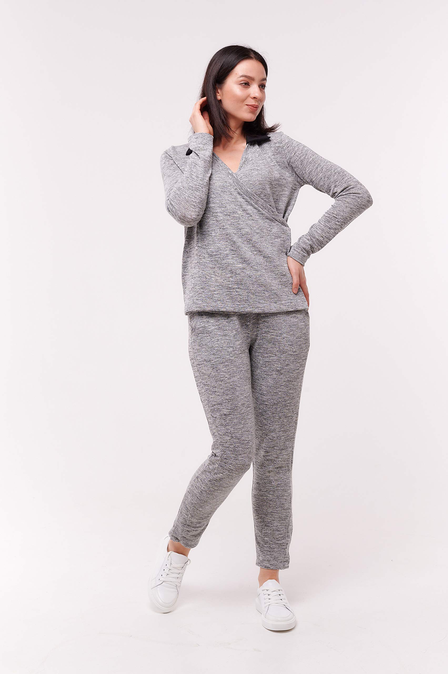 Elegant Silver Wrap Top with Long Sleeves & Collar - Perfect for Office Wear, Date Nights & Casual Outings