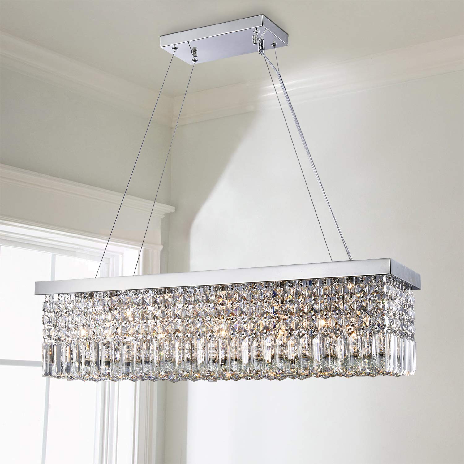 Saint Mossi 5-Lights K9 Crystal Chandelier - Modern Rectangular Pendant Light Fixture for Dining Room & Kitchen Island - Adjustable Chain Raindrop Flush Mount Ceiling Light (H9 x W10 x L31) - Perfect for Elegant Home Decor, Wedding Venues & Restaurant Lighting