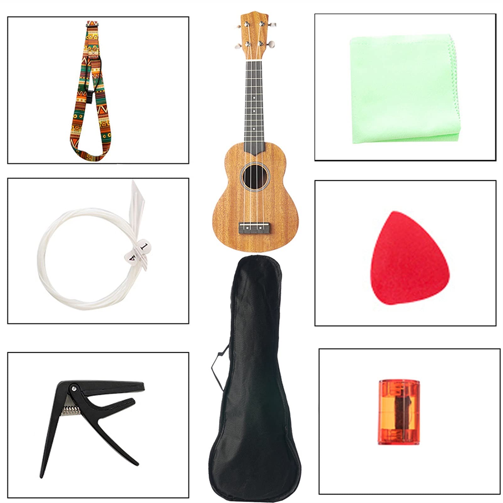 21 Inch Ukulele for Beginners - Solid Wood Mini Guitar with Strings, Capo, Thumb Hammer & Strap - Perfect for Travel, Beach Parties & Music Lessons