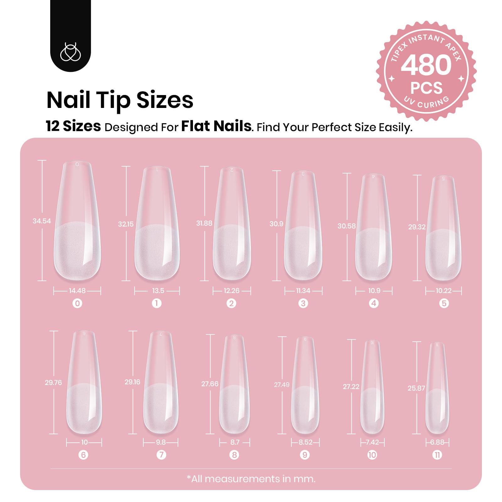 Beetles Tipex Instant Apex Nail Tips - 480Pcs Pre-Built & Pre-Etched Gel Nail Extensions | Durable Thick Clear Acrylic Full Cover Long Coffin Fake Nails for Flat Nails | Perfect for Salon, DIY Manicures & Nail Art Designs