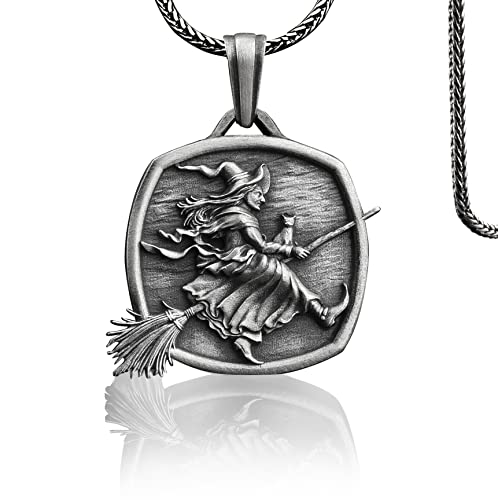 Black Cat & Witch Engraved 925 Sterling Silver Necklace - Personalized Gothic Jewelry, Custom Name Pendant, Perfect Halloween Gift for Best Friends & Witches - Ideal for Witchcraft Rituals, Halloween Costumes & Gothic Fashion