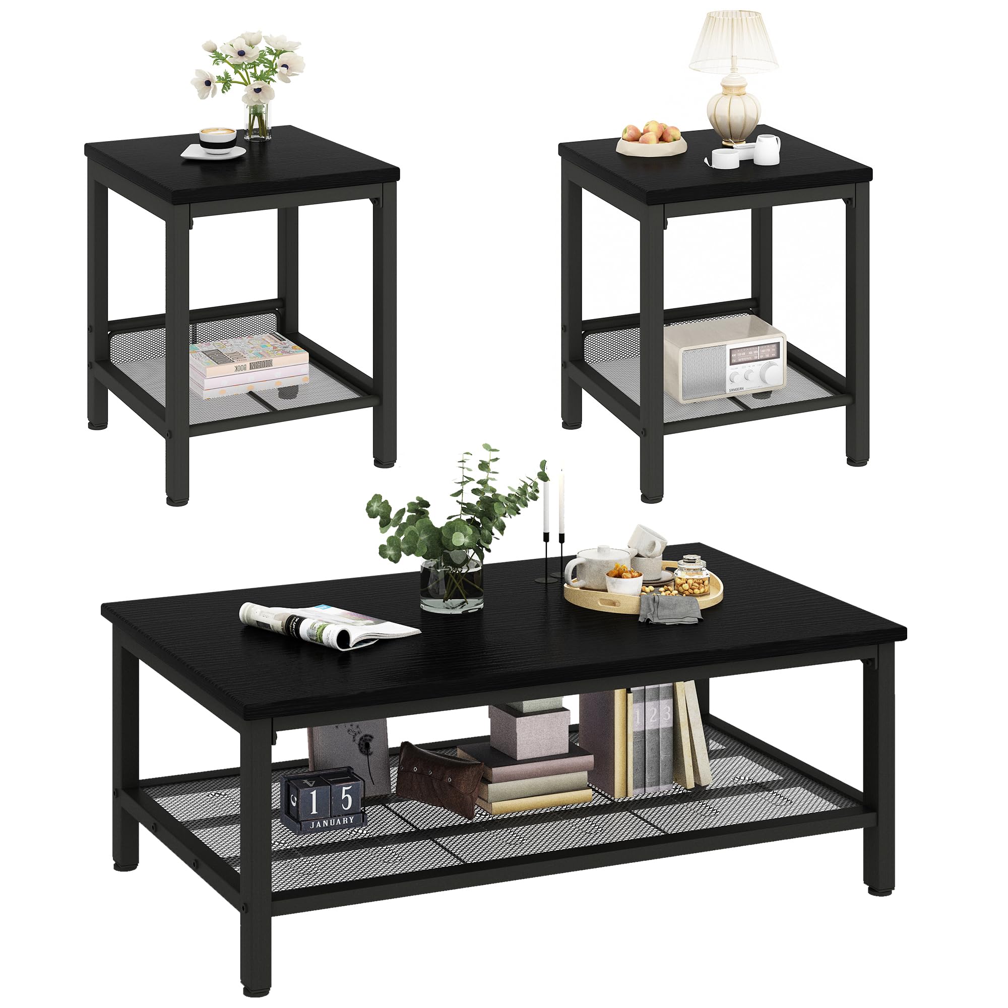 AWQM 3-Piece Industrial Coffee Table Set with 2 Square End Tables - Modern Metal Frame Living Room Furniture for Apartment, Home Office - Black | Perfect for Small Spaces, Entertaining Guests & Stylish Home Decor