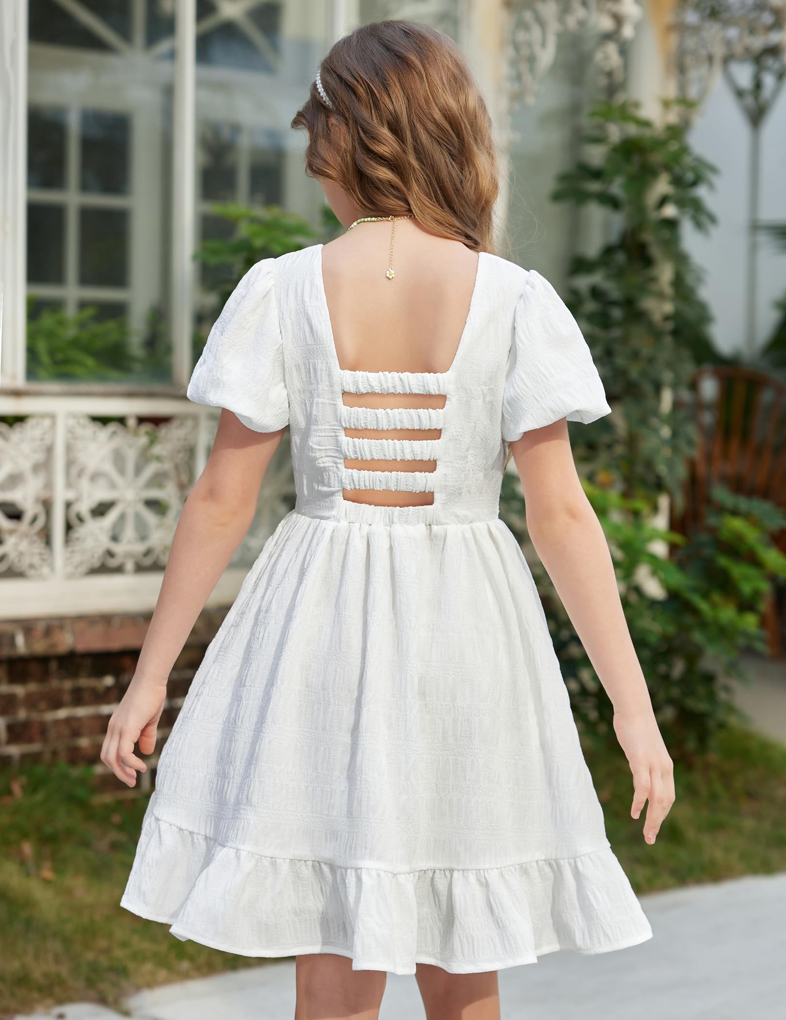 Arshiner Girls Backless Summer Dress - Short Sleeve Square Neck Ruffle Hem Elegant Party Dress for Kids | Perfect for Birthday, Wedding & Special Occasions