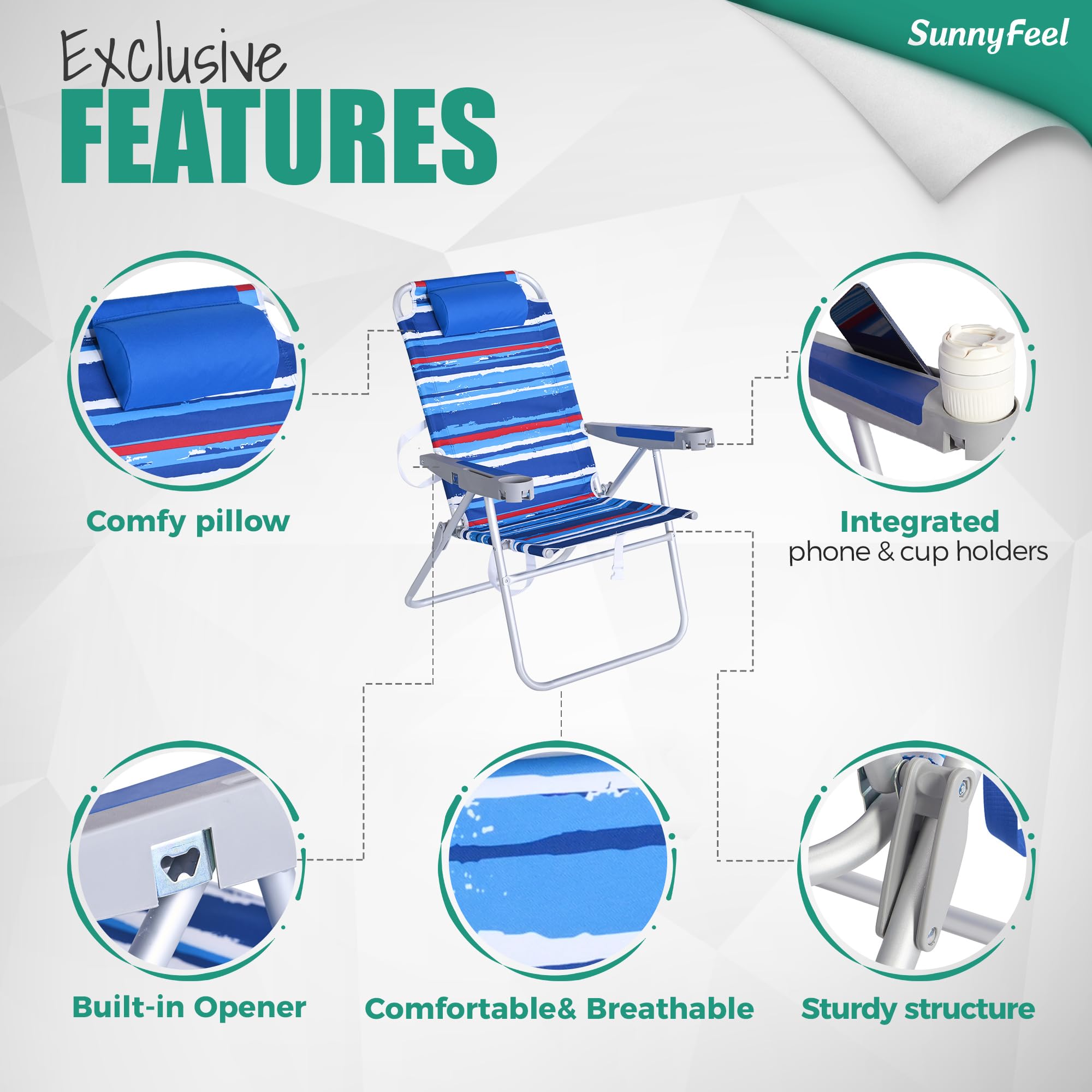 SUNNYFEEL Heavy Duty 500LB Tall Folding Beach Chair - Lightweight Portable Sand Chair for Adults with Cup Holders - Foldable High Back Camping Lawn Chair for Camping, Outdoor, Picnic, Concert, Sports, Beach, Backyard, Poolside Relaxation