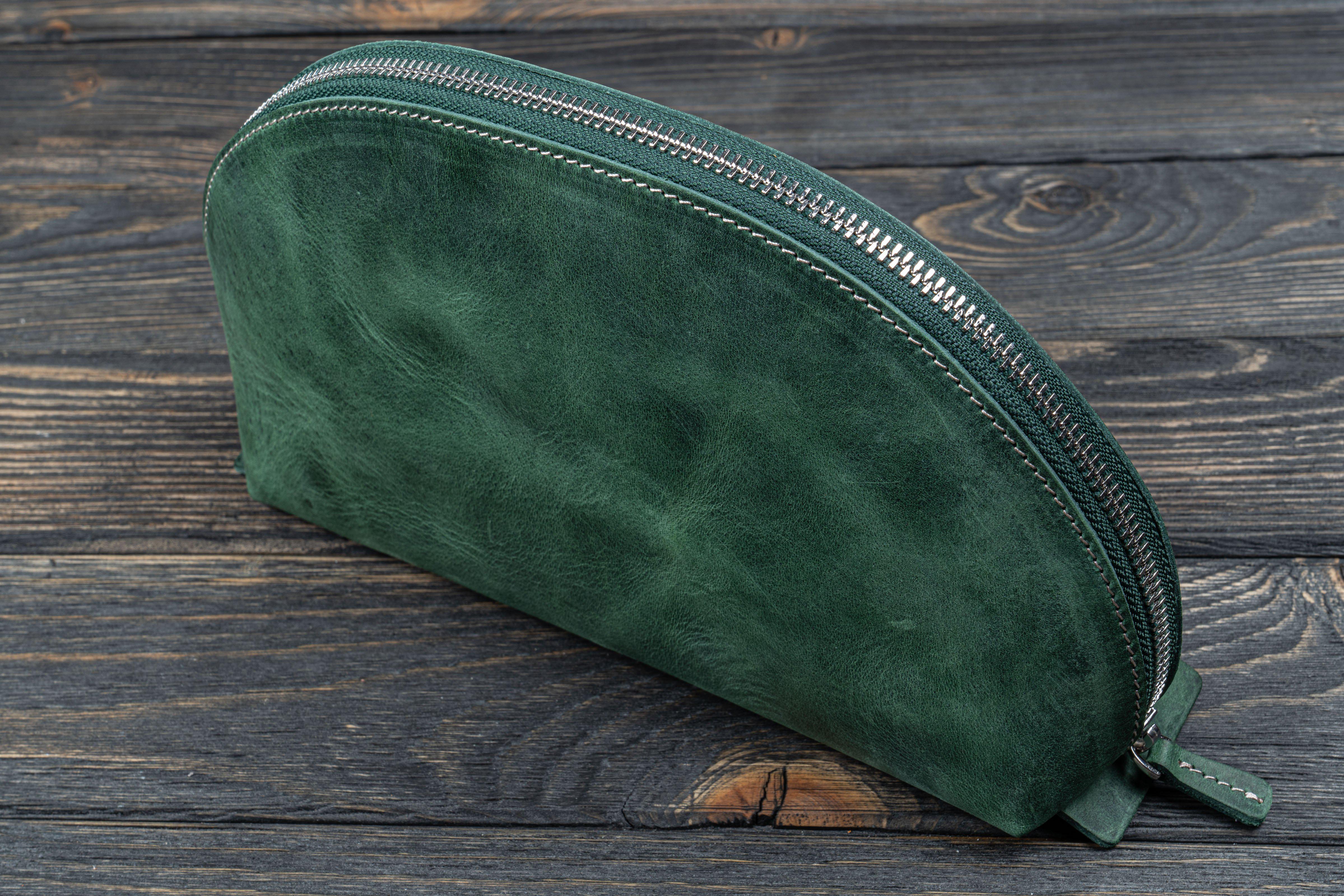 Genuine Leather Lunar Makeup & Toiletry Bag - Crazy Horse Forest Green Waterproof Travel Cosmetic Case for Women | Perfect for Travel, Gym, and Daily Essentials Storage