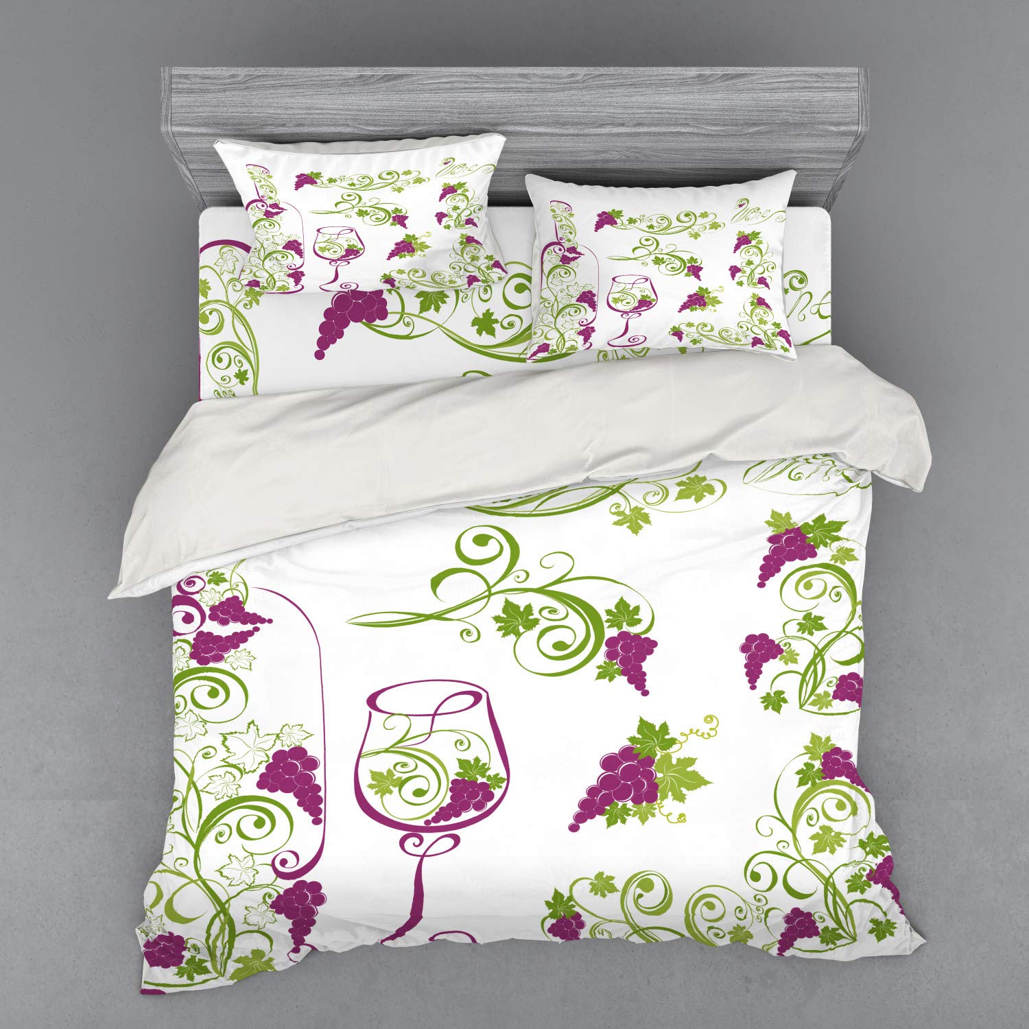 Ambesonne 4-Piece King Size Wine Themed Bedding Set - Purple, Lime Green & White Duvet Cover with Shams & Fitted Sheet, Grapevines & Swirled Branches Design for Elegant Bedroom Decor | Perfect for Wine Lovers, Guest Rooms & Master Bedrooms