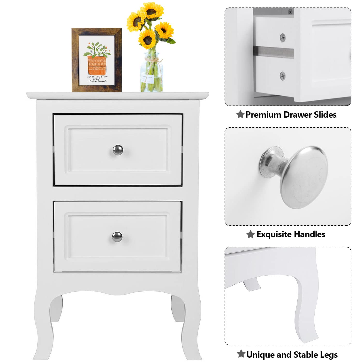 Farmhouse White Nightstand with 2 Drawers - Solid Wood Side Table for Bedroom, Living Room | Rustic End Table with Storage | 2-Pack Accent Tables for Home Decor & Small Space Organization