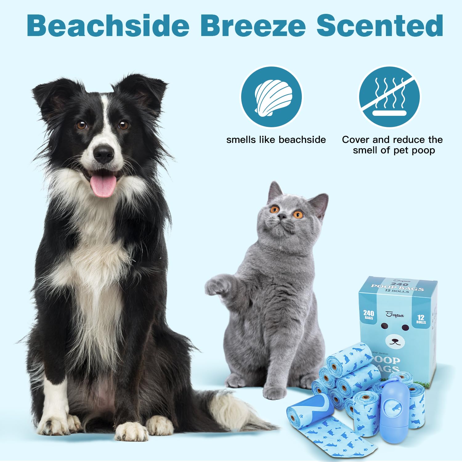Joyeux 240 Count Ocean Scent Dog Poop Bags with Dispenser - Extra Thick, Leak-Proof Waste Bags for Dogs & Cats - Blue Pet Litter Bags for Outdoor Walks, Park Visits & Backyard Cleanup