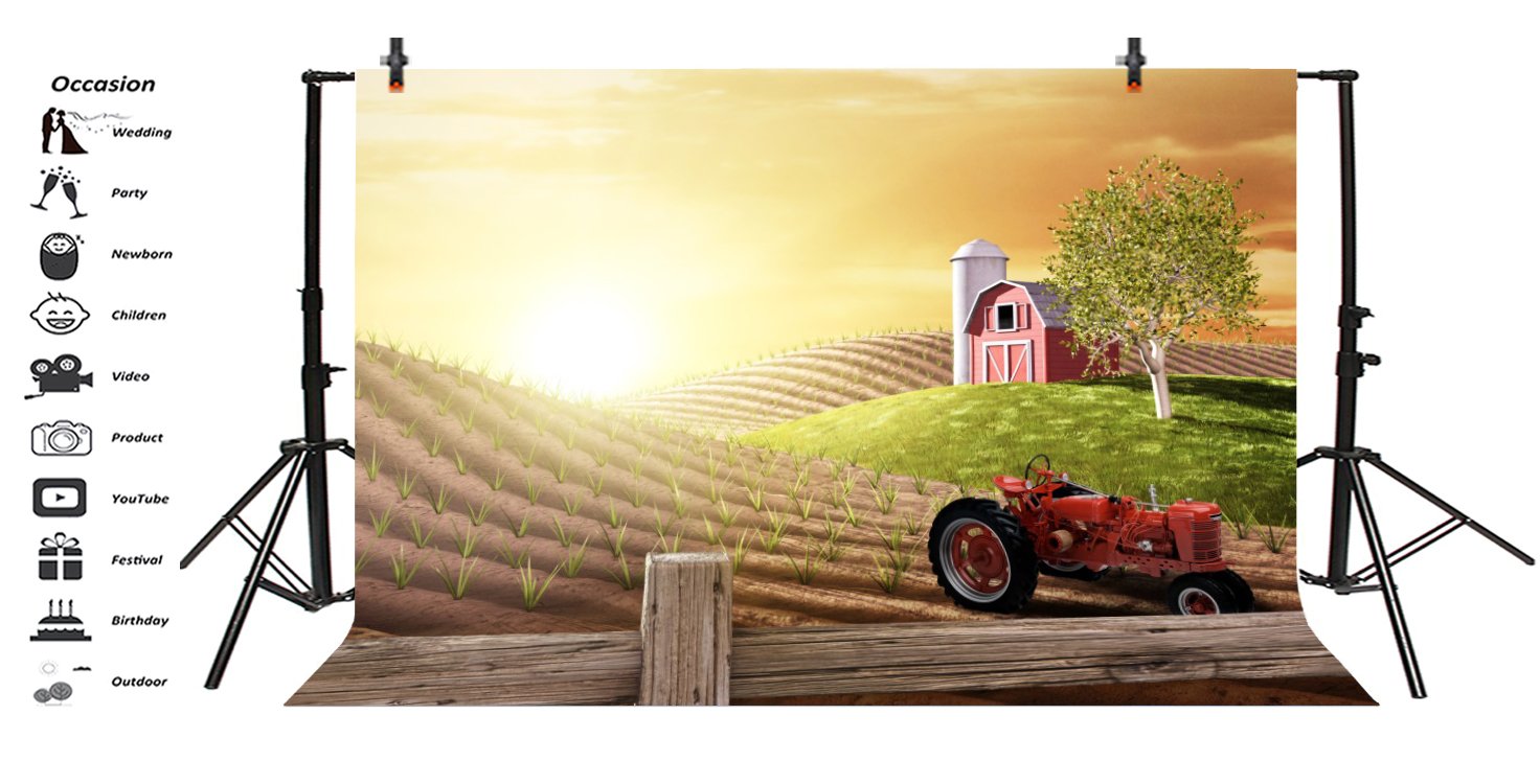 7x5ft Farm Photography Backdrop - Sunrise Countryside Landscape with Barn, Tractor & Truck for Newborn, Family & Maternity Photo Shoots | Studio Props for Rustic, Agriculture & Rural Themed Sessions