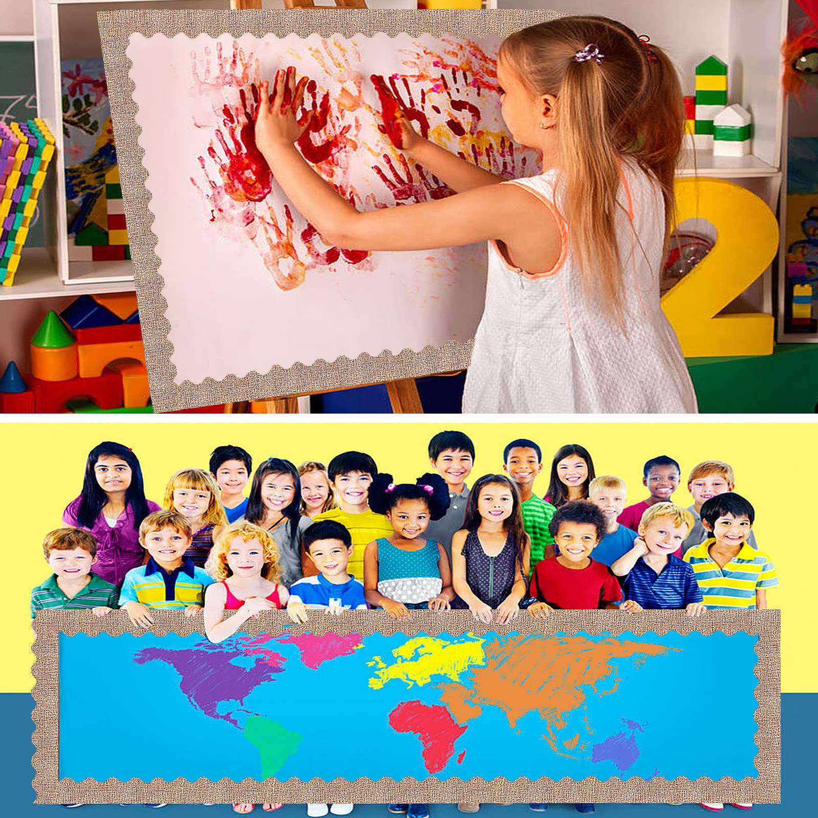66 Feet Self-Adhesive Burlap Bulletin Board Border Trim - Scalloped Edge Decorative Stickers for Classroom, Office, Locker & Home Decor - Perfect for DIY Projects, School Displays & Wall Decoration
