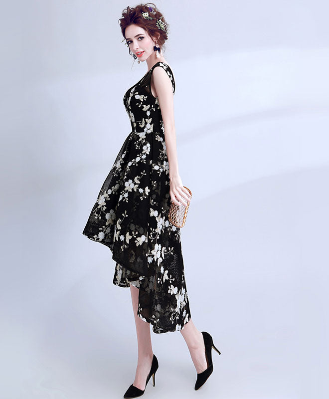 Elegant Black V-Neck Lace Short Prom Dress | High-Low Evening Party Gown for Homecoming, Cocktail Parties & Formal Events