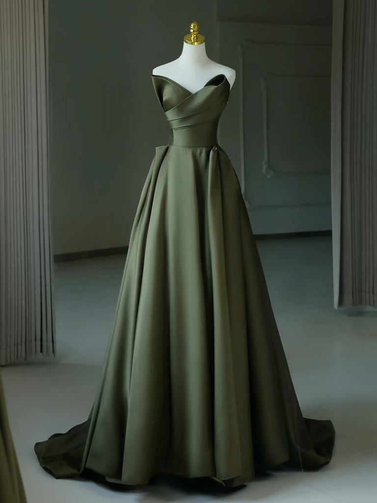 Elegant A-Line V-Neck Satin Green Long Prom Dress | Formal Evening Gown for Women | Perfect for Homecoming, Ball, Wedding & Special Occasions