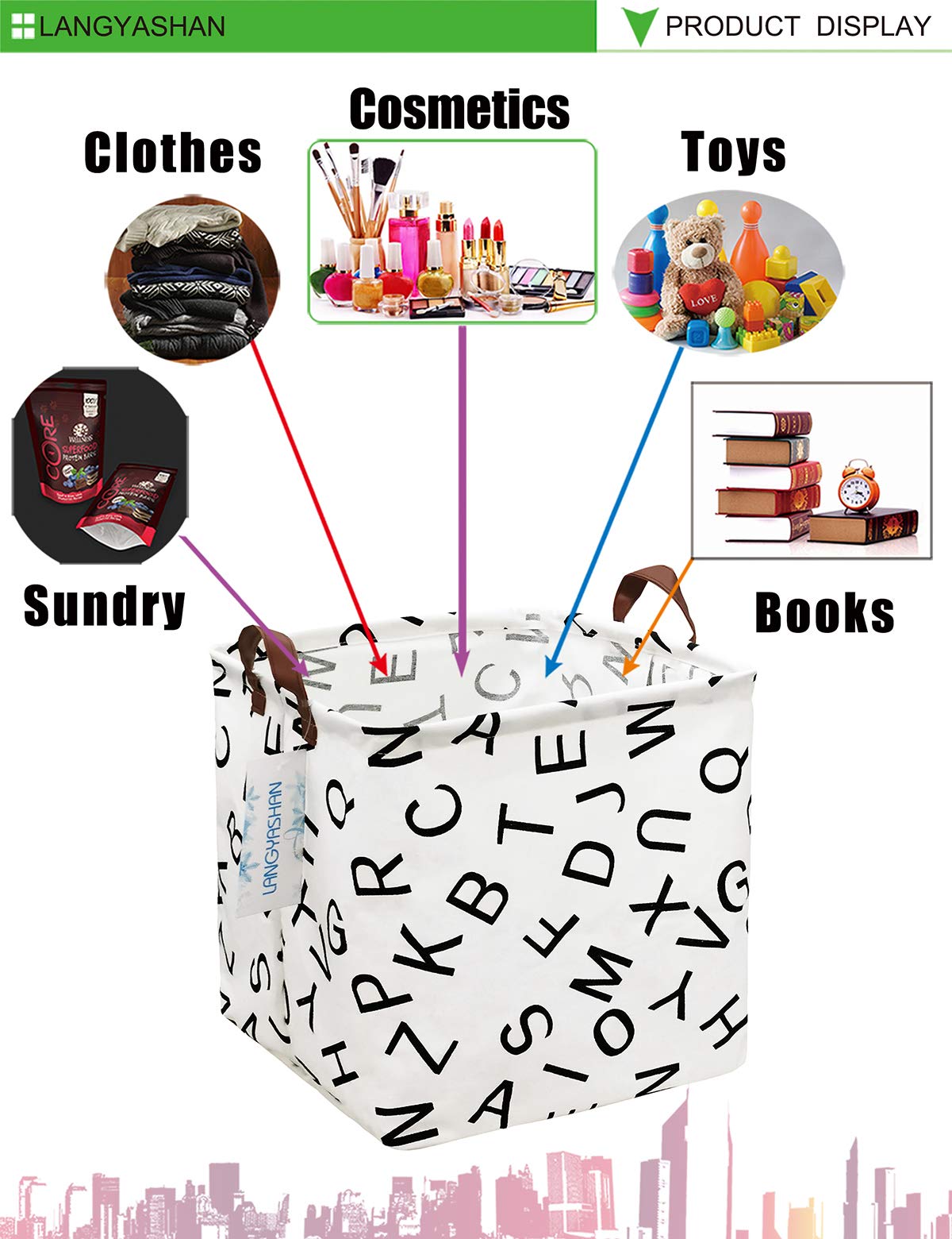 LANGYASHAN Square Storage Baskets - Waterproof Canvas Laundry Hamper for Kids, Nursery Toy Organizer & Room Decor - Perfect for Shelves, Closet Organization & Gift Baskets (Alphabet Pattern) - Ideal for Baby Room, Playroom & Home Storage Solutions