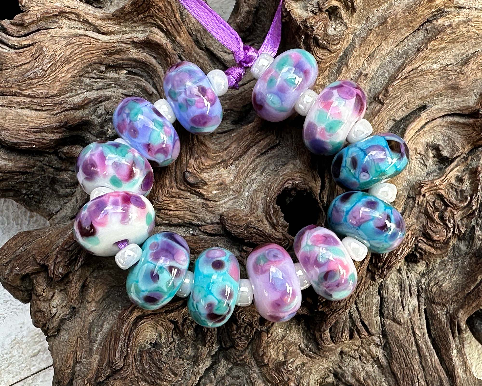 12 Wisteria Purple Mosaic Lampwork Glass Beads Set for Jewelry Making - DIY Bracelet, Necklace & Craft Projects - SRA Certified