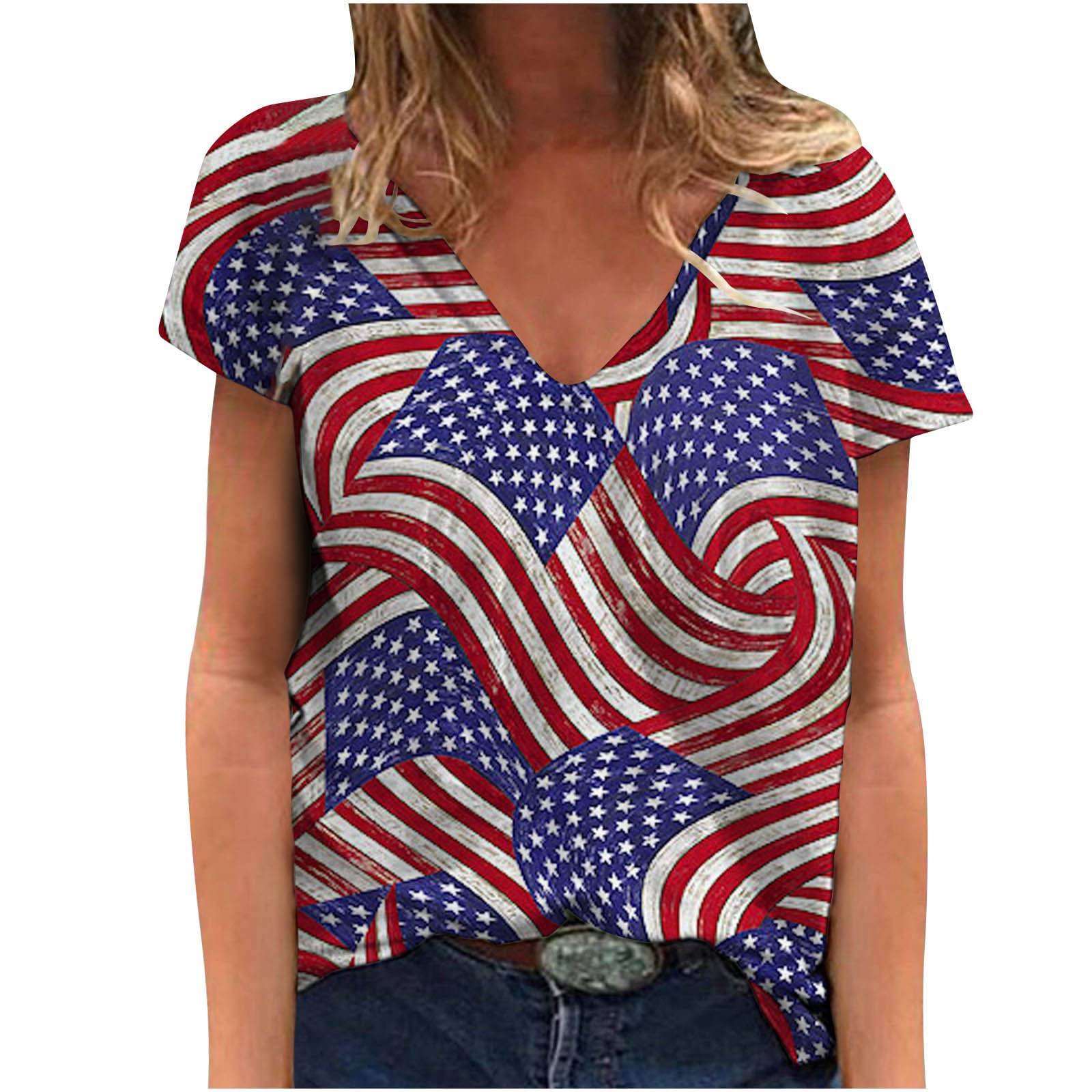 Women's 4th of July Shirts - Patriotic American Flag Graphic Summer Short Sleeve Blouse | Casual Loose Fit Tee Tops for Independence Day Celebrations, BBQ Parties & Outdoor Festivals