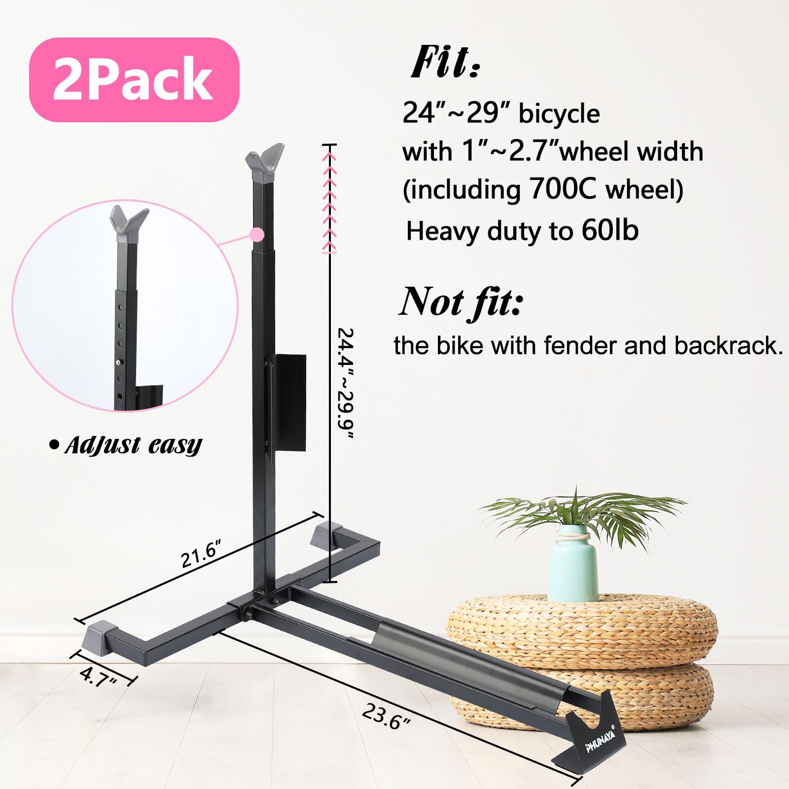 Heavy Duty Vertical Bike Stand for Indoor Storage - 2 Pack PVC Coated Upright Bicycle Rack Holder Fits 24