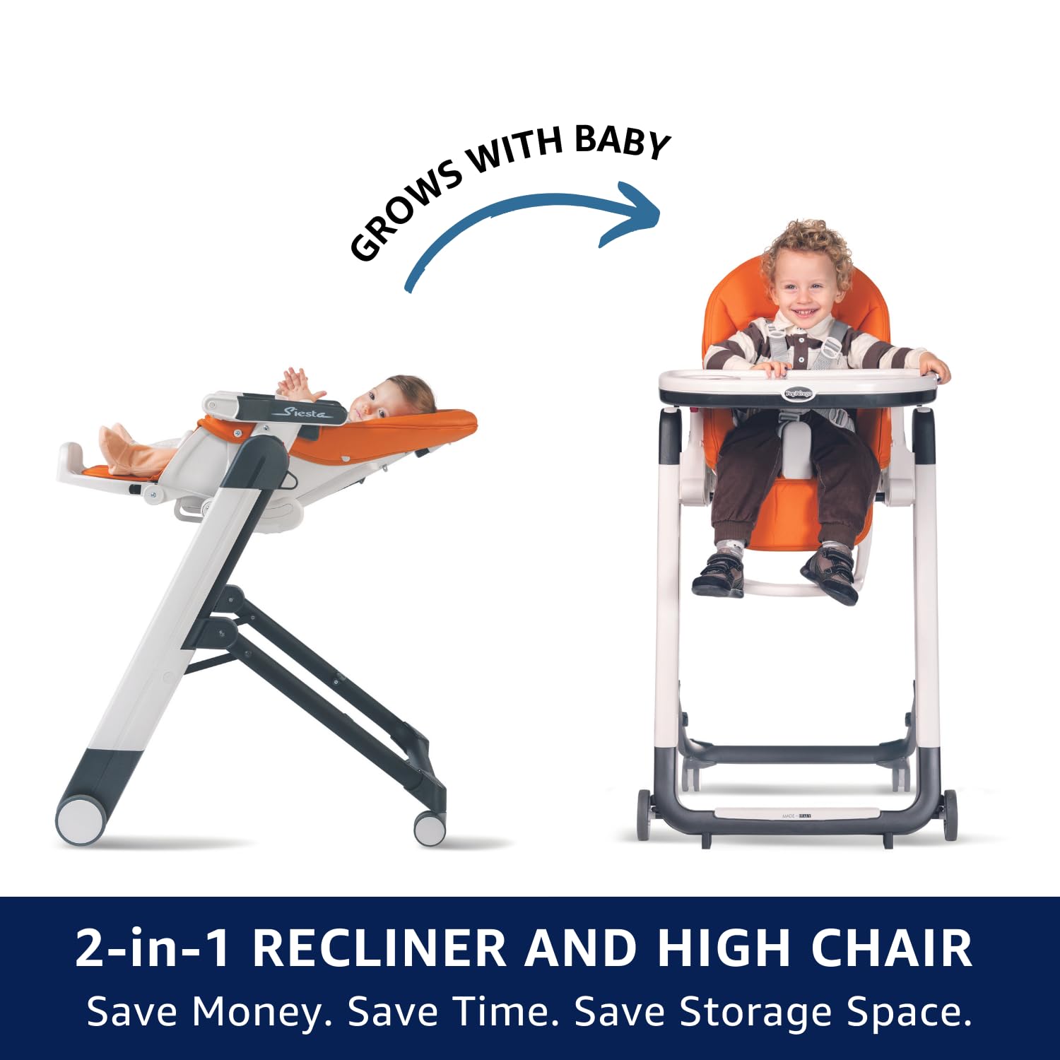 **Peg Perego Siesta Adjustable Baby High Chair & Recliner - Foldable, Easy-Clean, with Wheels for Infants & Toddlers - Made in Italy (Orange) - Perfect for Dining, Feeding & Playtime**