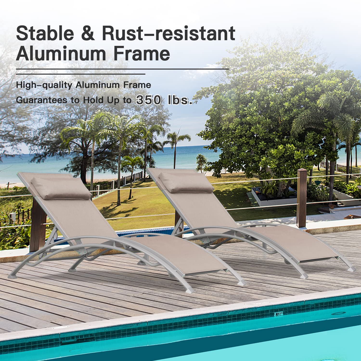 Domi 2-Piece Aluminum Adjustable Lounge Chair Set – 5-Position Outdoor Chaise for Poolside, Garden, Beach, Camping & Backyard (Khaki) – Perfect for Sunbathing, Relaxing & Outdoor Lounging