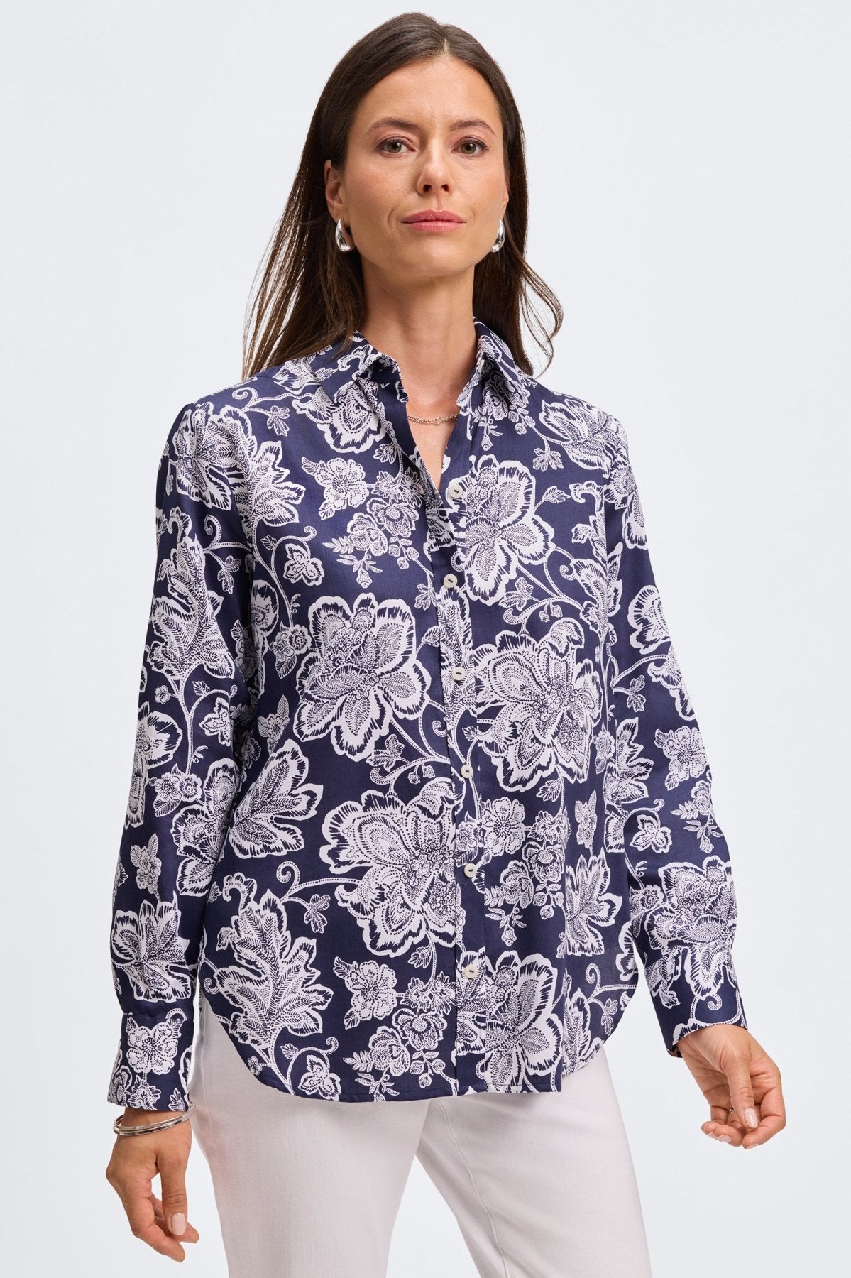 Meghan Woodblock Floral Long Sleeve Shirt - Women's Bohemian Printed Blouse for Casual Wear & Spring Outfits