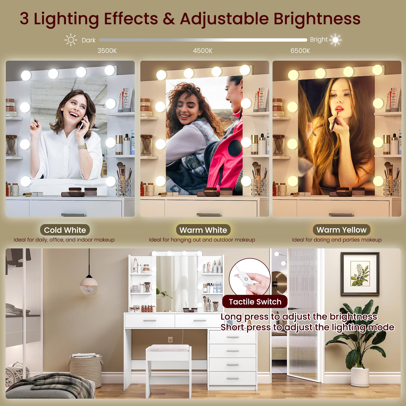 Vanity Desk with Mirror & LED Lights, 48