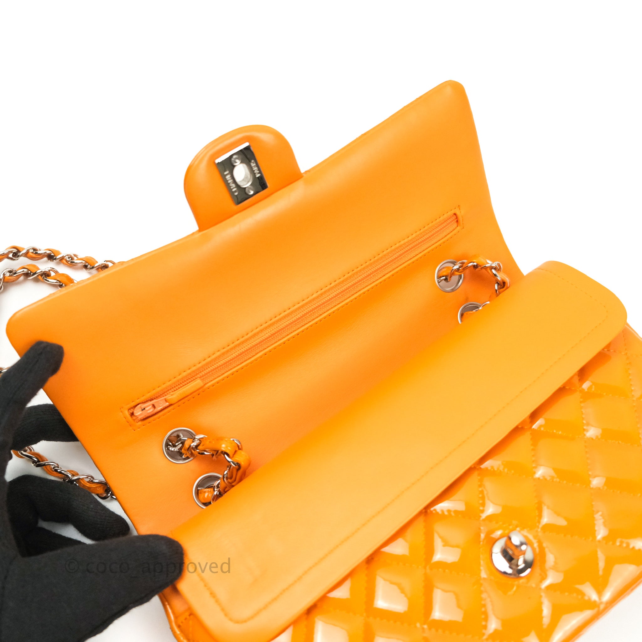 Chanel Classic M/L Medium Double Flap Bag in Orange Patent Leather with Silver Hardware - Perfect for Evening Events & Luxury Fashion Accessories