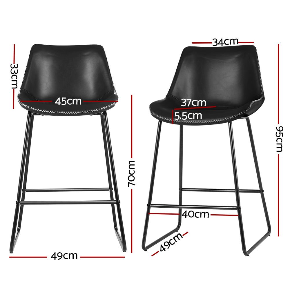 2 Black Leather & Metal Bar Stools for Kitchen Counter - Modern Dining & Breakfast Nook Seating