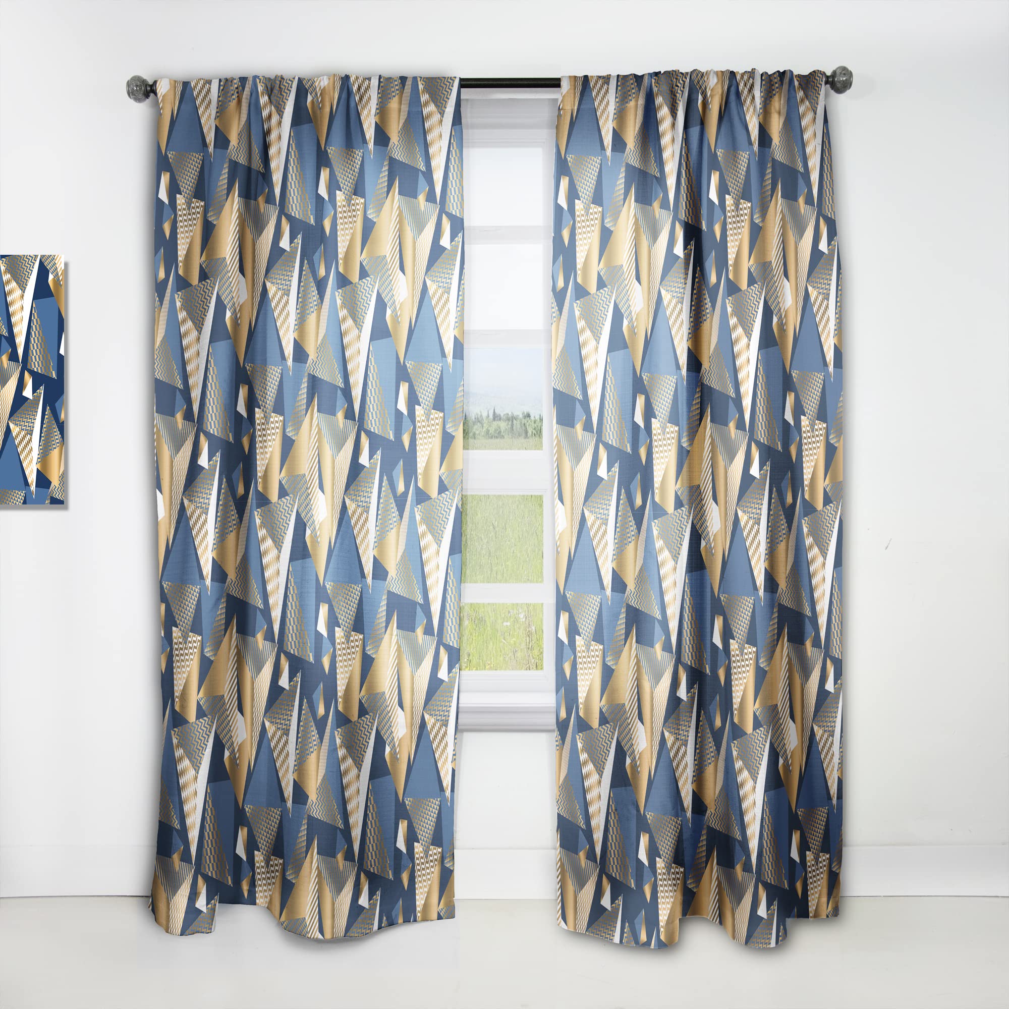 DesignQ Gold & Blue Geometric Cube Pattern Blackout Curtains - Thermal Insulated Single Panel (52x84 inches) for Bedroom & Living Room - Noise Reducing & Energy Saving Window Drapes for Home Decor