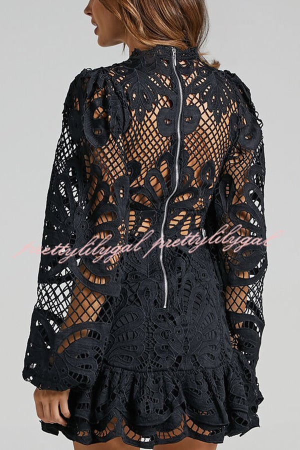 Elegant Solid Color Hollow Long Sleeve Waisted Lace Mini Dress for Women - Perfect for Parties, Dates & Special Occasions