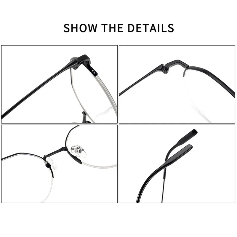 Unisex Black Titanium Semi-Rimless Flat Top Round Eyeglasses Frame 81035 - Stylish & Lightweight for Work, Reading & Everyday Wear