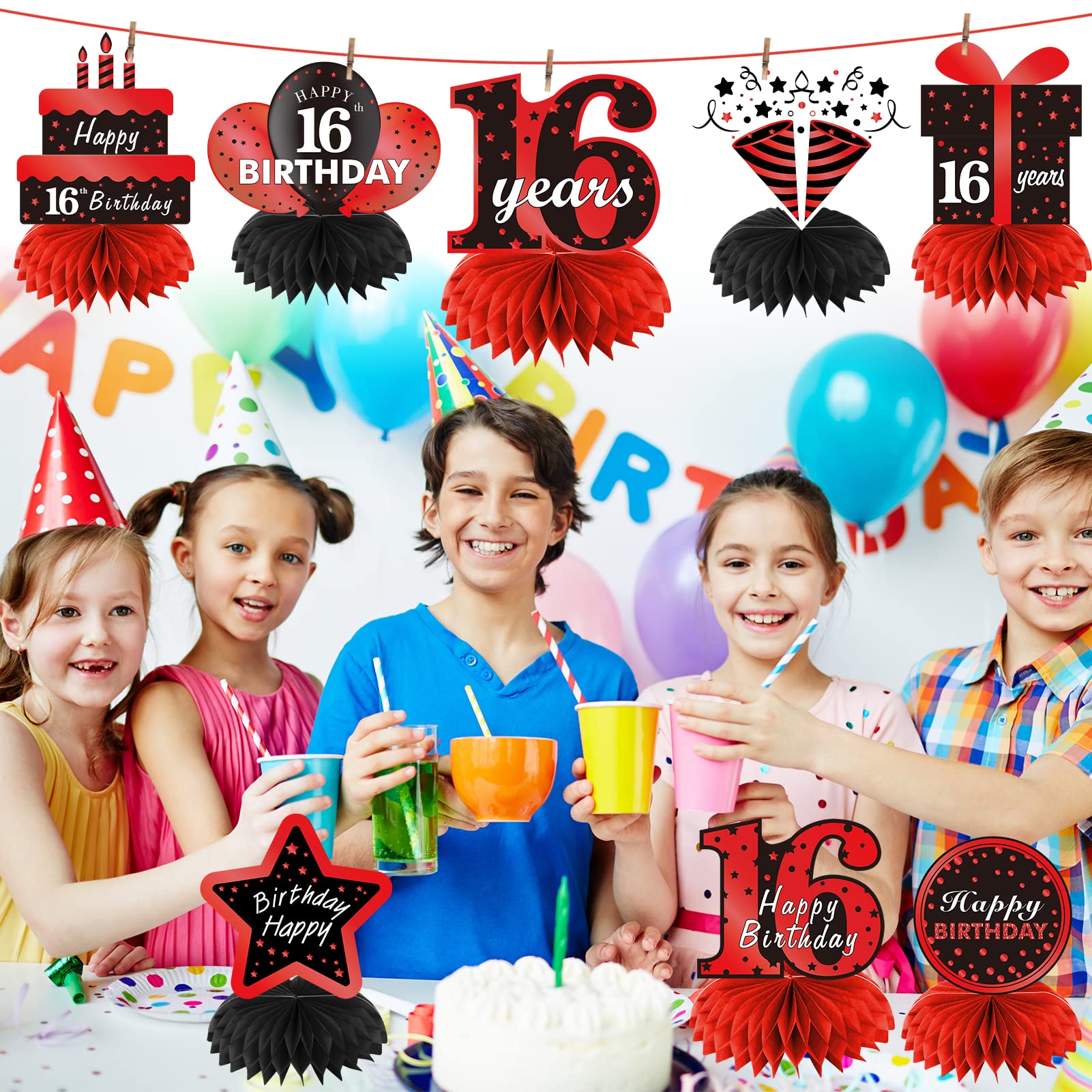 16th Birthday Party Decorations - 8Pcs Red & Black Honeycomb Centerpieces for Sweet 16 Table Decor | Perfect for Boys & Girls Birthday Celebrations, Sweet Sixteen Parties & Milestone Decorations