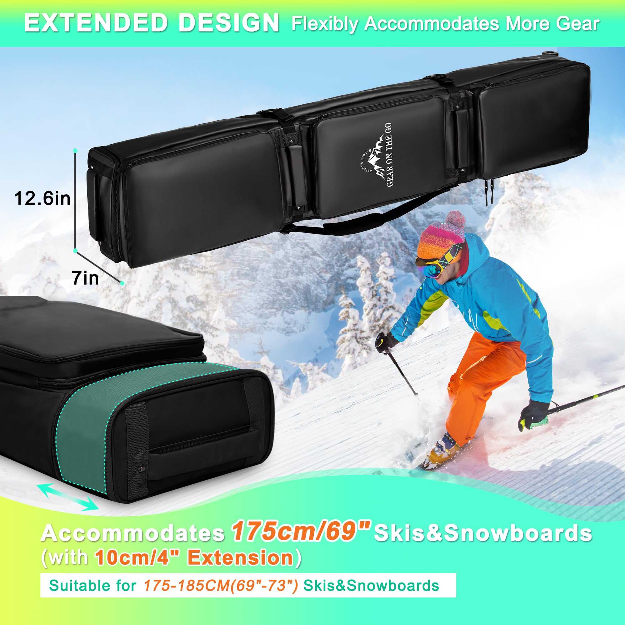 **Waterproof Double Rolling Ski Bag with Padded Wheels - Travel-Friendly Snowboard & Ski Carrier for Air Travel - Fits Ski Boots (Perfect for Winter Vacations & Mountain Resorts)**