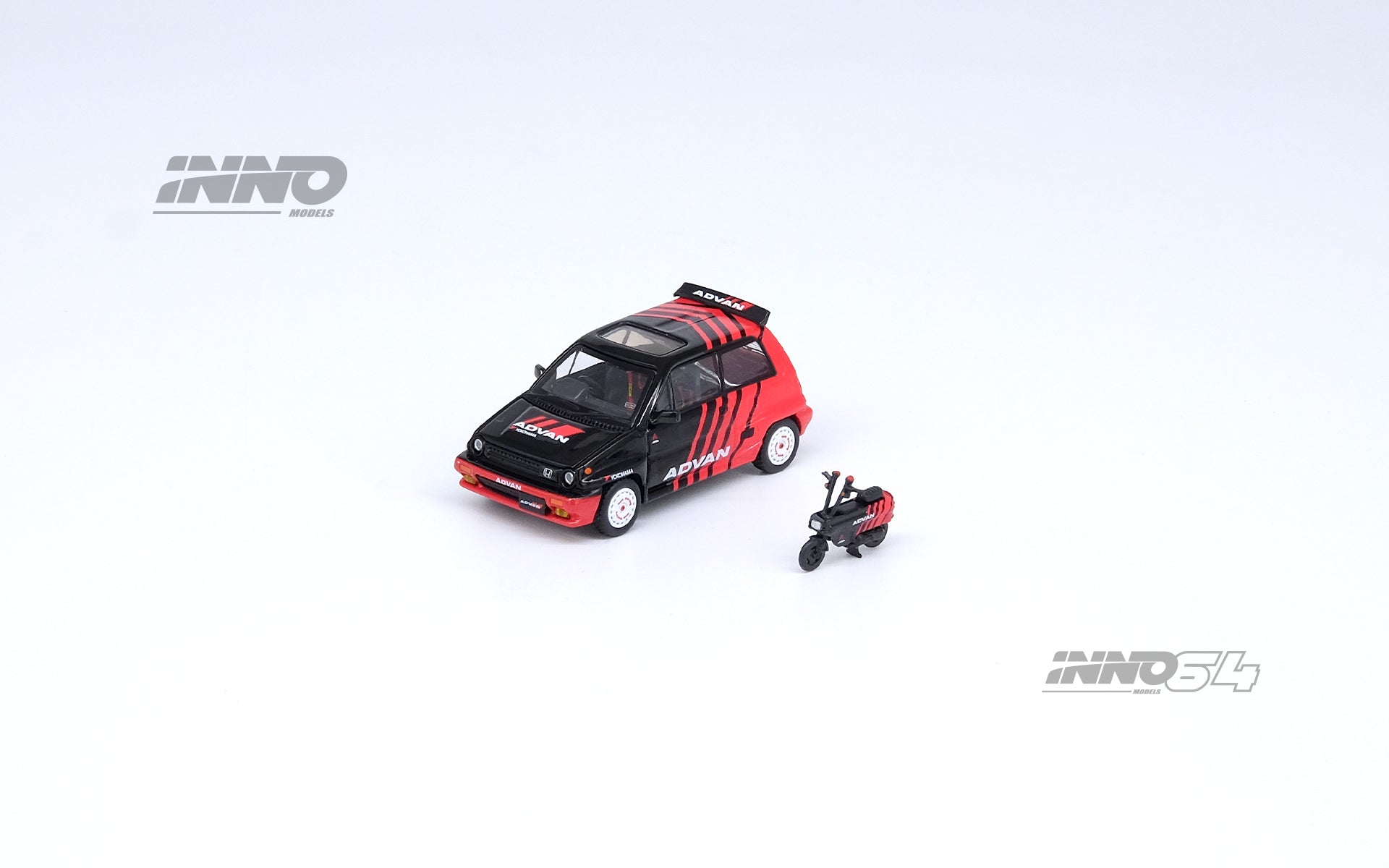 INNO64 1:64 Scale Honda City Turbo II Advan Livery Diecast Model Car with Motocompo - Collectible Miniature for Display, Racing Enthusiasts, and Japanese Car Fans