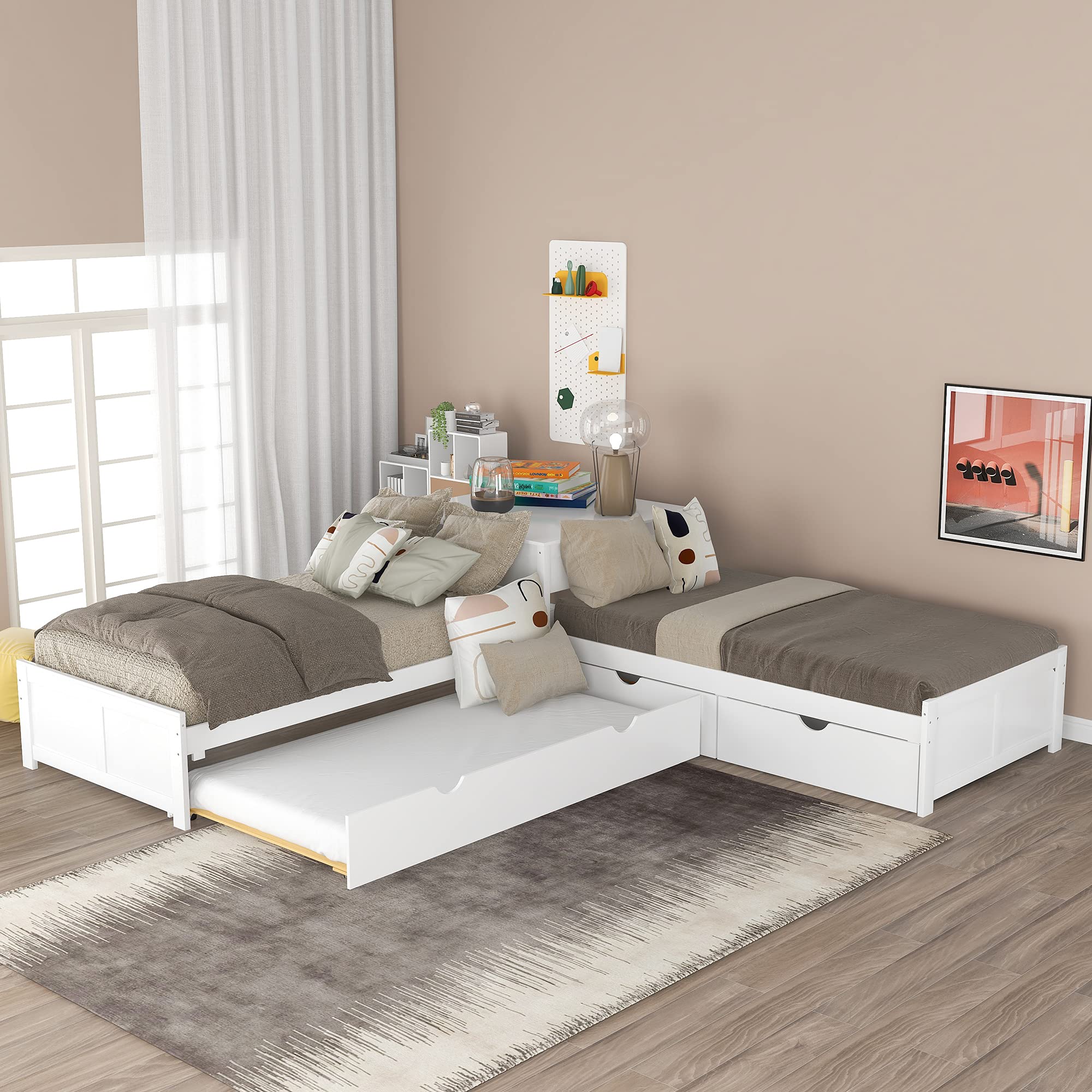 P PURLOVE L-Shaped Triple Bed Frame with Trundle & Storage Drawers - Wooden Platform Bed with Built-in Study Desk for Kids & Teens - Perfect for Small Bedrooms, Dorm Rooms & Space-Saving Kids' Rooms