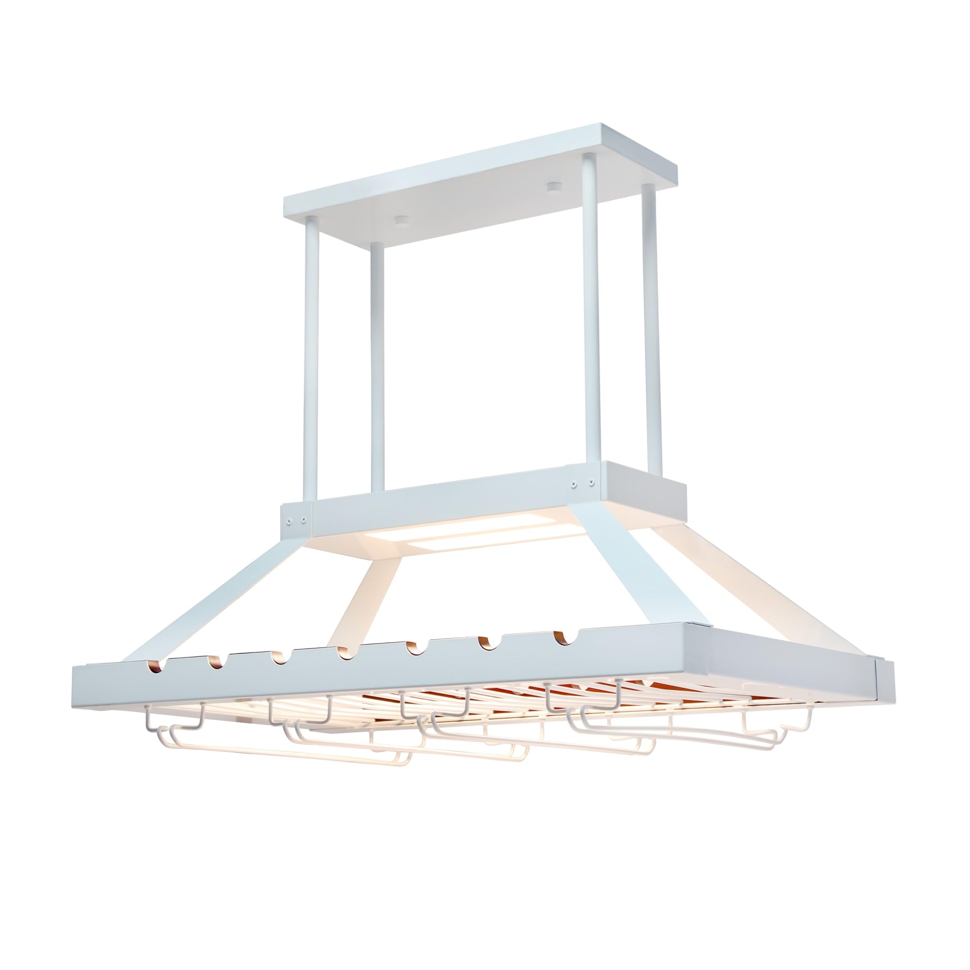 Elegant WR1000-WHT Modern Kitchen LED Pendant Light with Wine Rack - Overhead Island Chandelier for Bottle & Glass Storage Display (White) - Perfect for Dining Room, Bar, and Home Decor Lighting