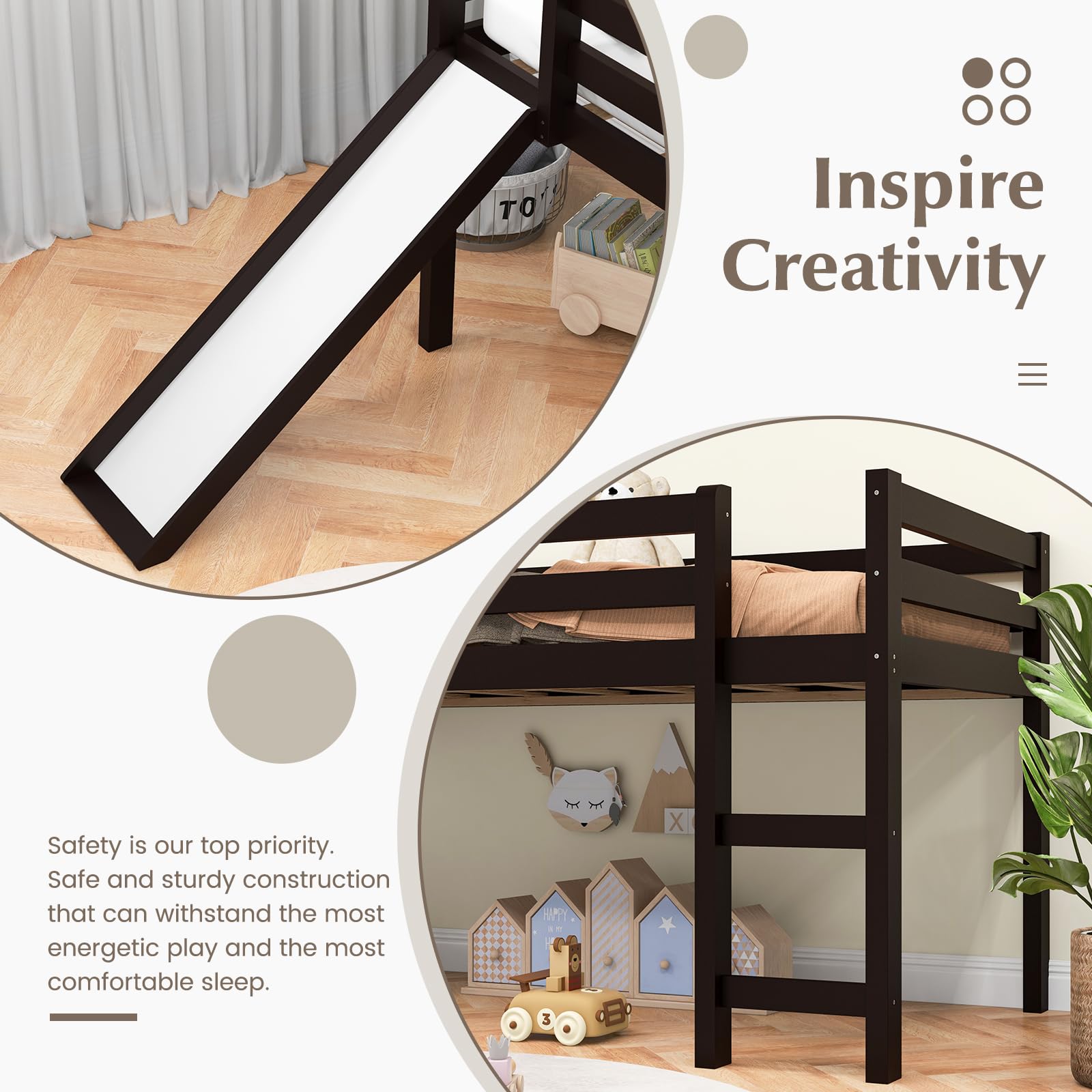 NAFOR Twin Loft Bed with Slide & Stairs - Solid Wood Low Loft Bed Frame for Kids, Girls & Boys - Includes Climbing Ladder, Safety Guard Rails & Slat Support - Espresso Finish - Perfect for Small Bedrooms, Playrooms & Dorm Rooms