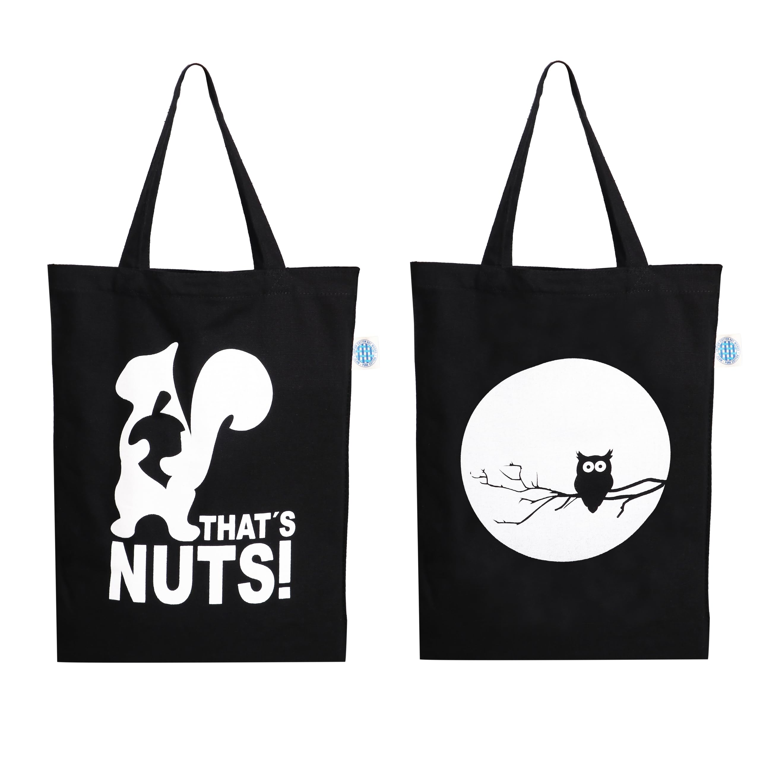 BOHEMEO Reusable Organic Cotton Tote Bags for Women - Eco-Friendly Canvas Shoulder Bag with Stylish Printed Designs (Owl & That's Nuts) - Perfect for Grocery Shopping, Beach Trips & Daily Use