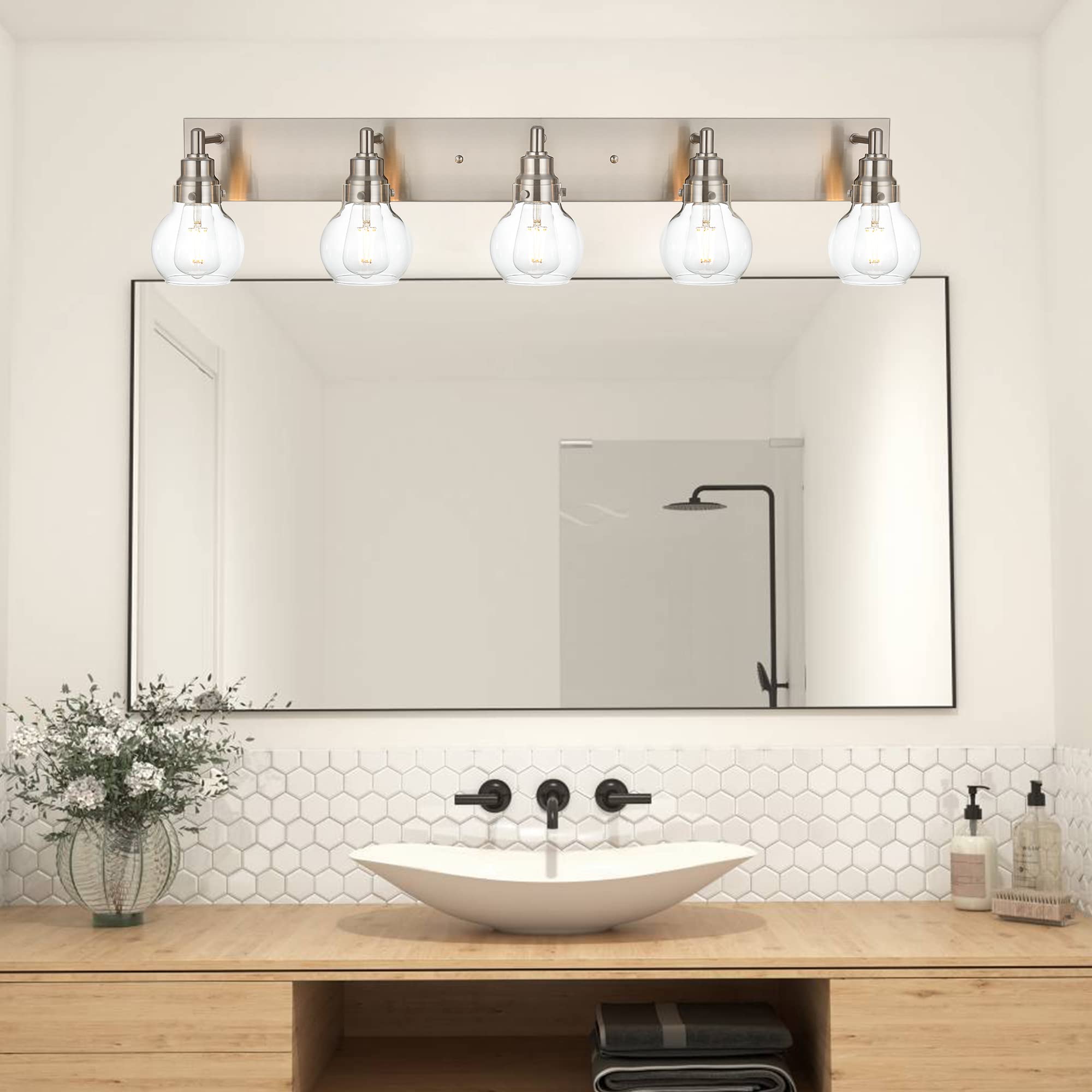 Brushed Nickel 5-Light Bathroom Vanity Lighting with Clear Globe Glass, E26 Base - Perfect for Mirror, Bath, Hallway & Indoor Wall Decor