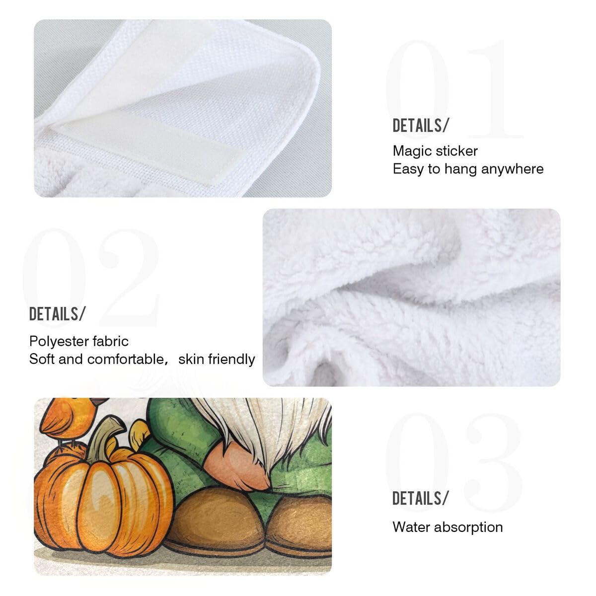 2Pcs Halloween Kitchen Hand Towels - Cute Gnome with Pumpkins & Birds Design, Super Absorbent Hanging Towels with Magic Tape for Bathroom, Laundry Room, Kitchen - Machine Washable - Perfect for Halloween Decor & Gift Giving