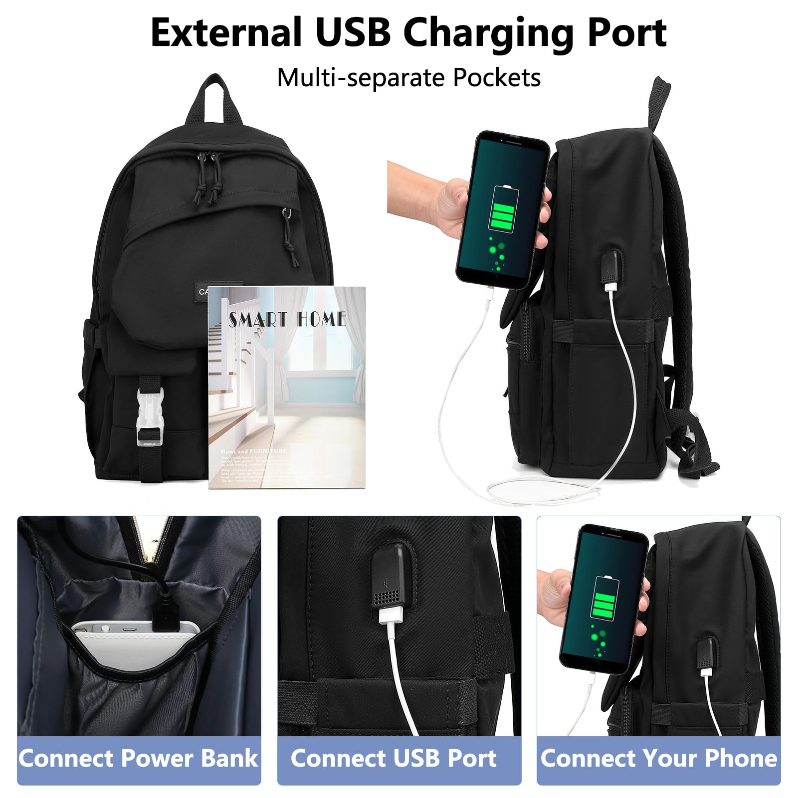 Stylish Black School Backpack for Students - 15.6 Inch Laptop Backpack with USB Charging Port for Women, Girls, Teens & Boys | Perfect for College, Work & Travel