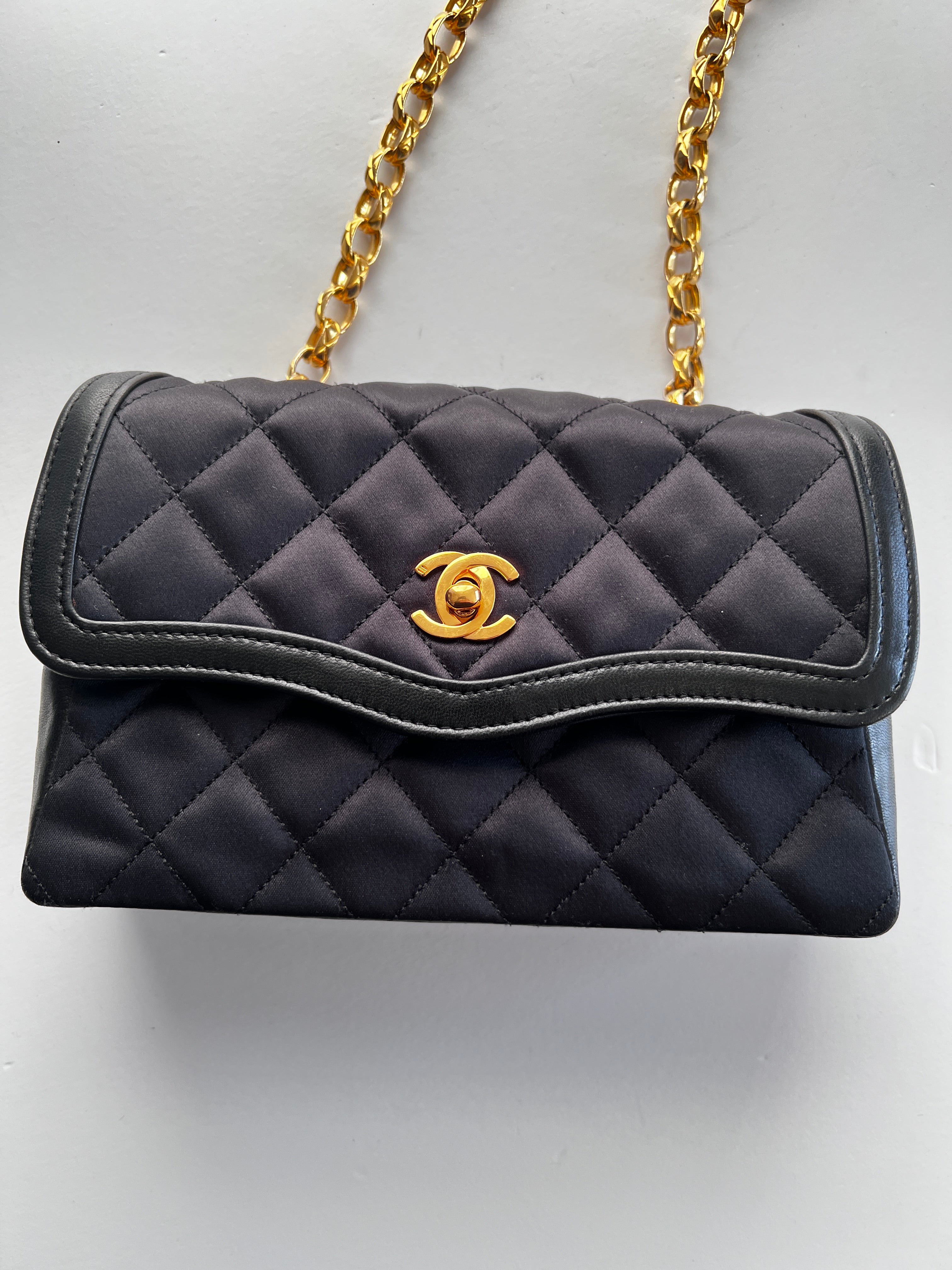 Vintage Chanel Satin & Leather Flap Bag with Card Holder - Luxury Designer Crossbody Purse for Women, Perfect for Evening Parties & Special Occasions