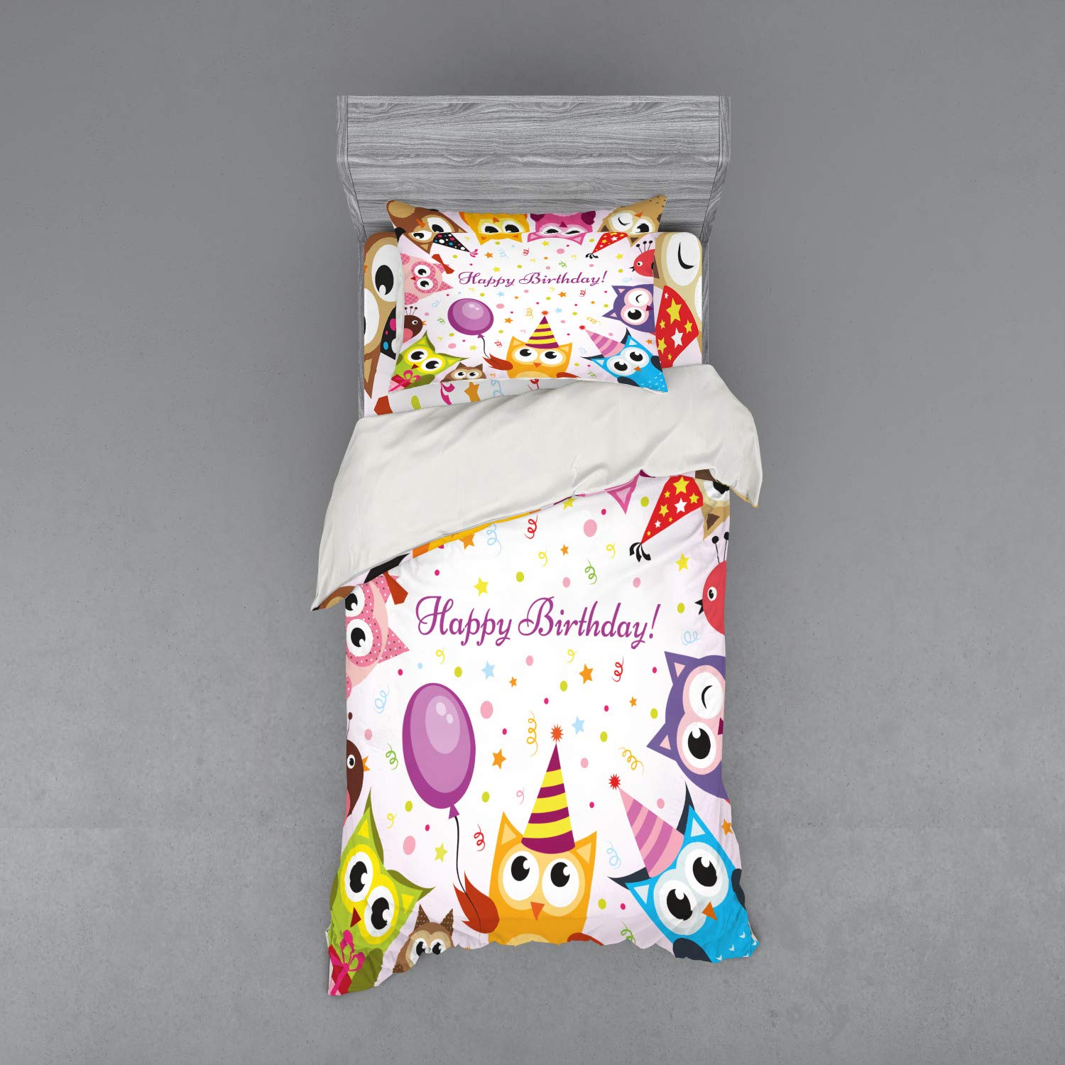 Ambesonne Birthday Party Bedding Set - Owl Family with Colorful Cone Hats 3-Piece Duvet Cover Set (Twin XL, Multicolor) | Fun Kids Room Decor, Birthday Gift Idea, Themed Bedroom Accessories