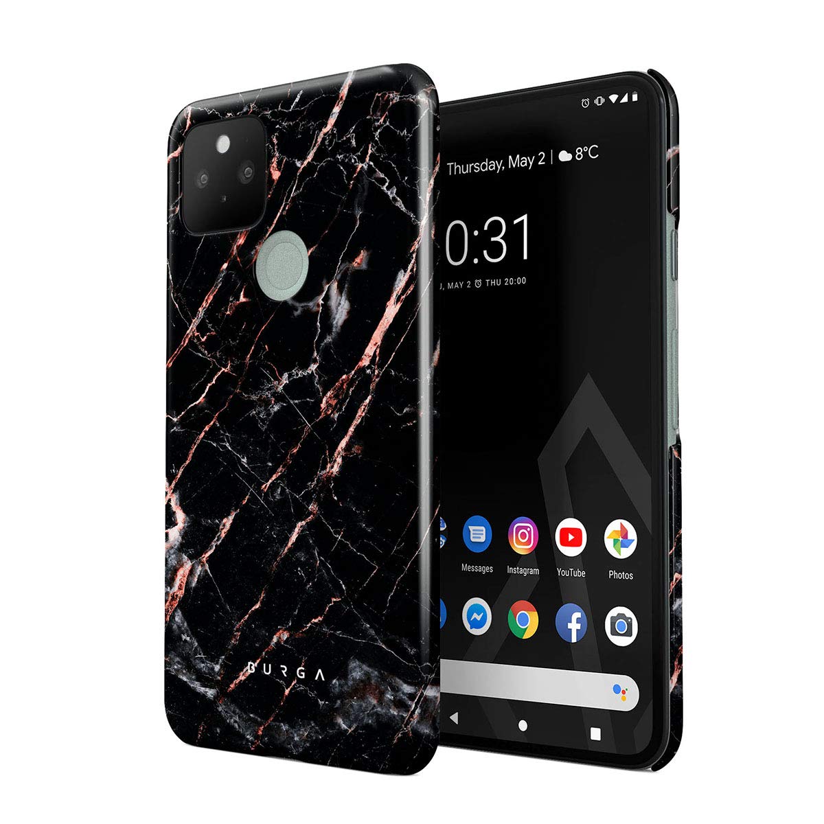 BURGA Google Pixel 5 Phone Case - Black Rose Gold Marble Meteor Shower Design | Slim Protective Hard Shell | Durable Plastic Cover for Women | Perfect for Everyday Use & Gift Giving